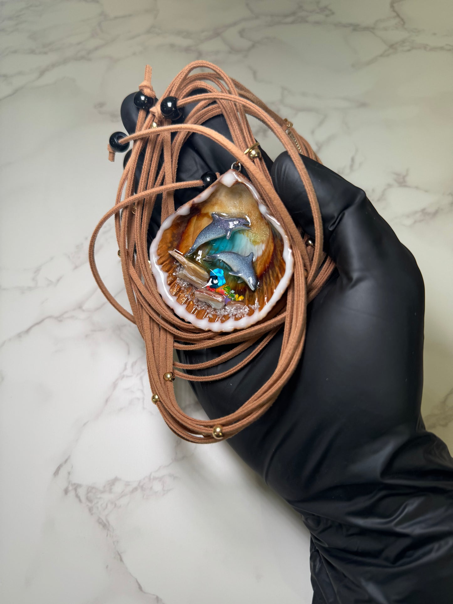 Dolphin Duo Diving Small Reef Shell Necklace - Encapsulated in Real Shell with UV Resin on Adjustable Leather Cord