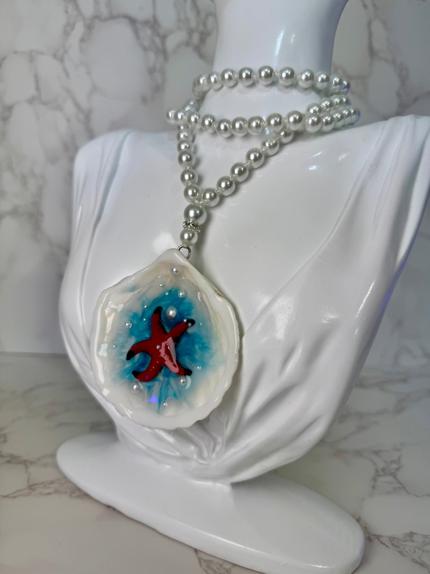 Set Beautiful Red Handmade Red Starfish Necklace with Black Tips Encapsulated in Real Shell with UV Resin