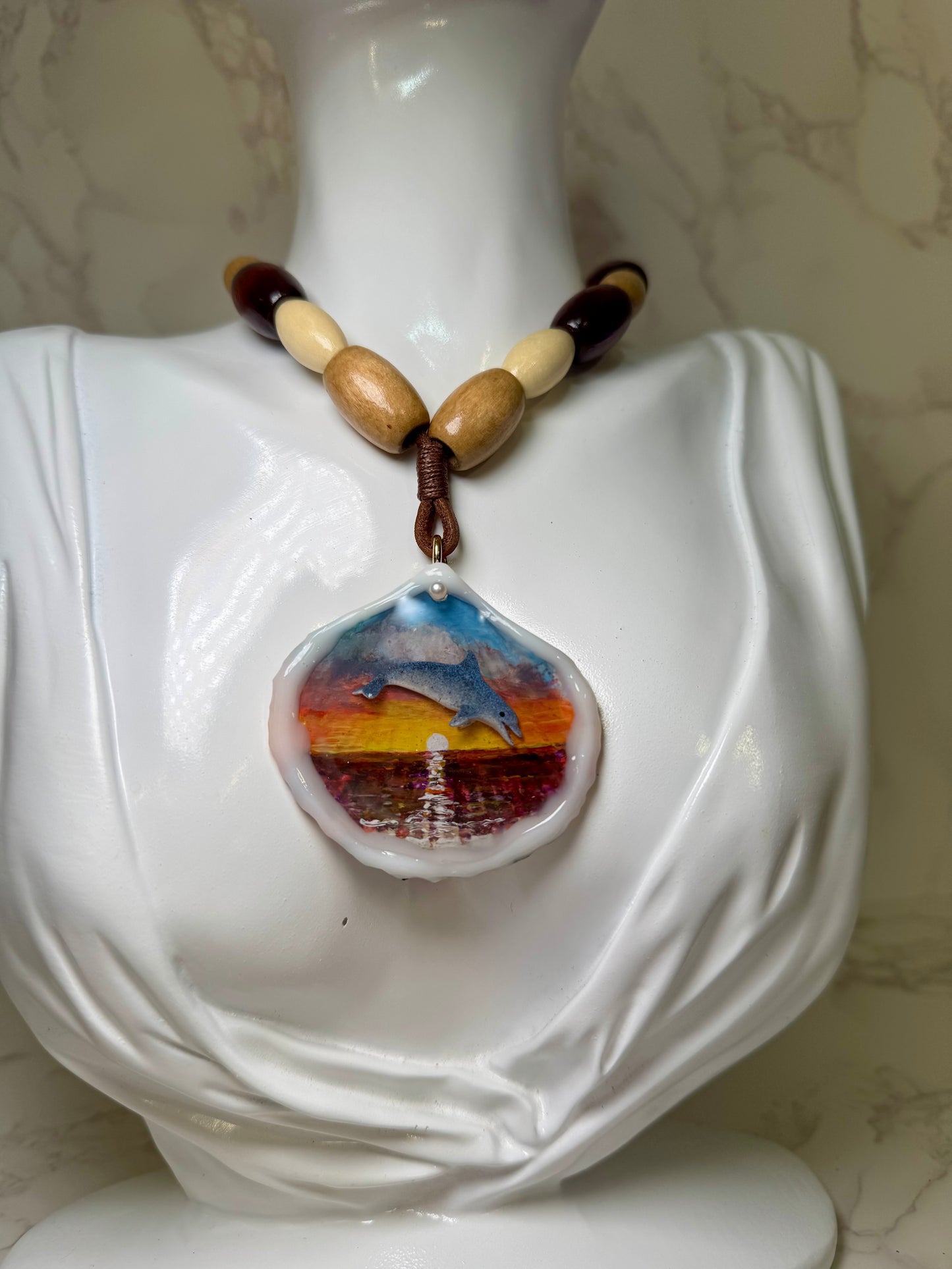 Beautiful Single Dolphin Necklace Handmade Dolphin Necklace Over Painted Ocean Sunset Encapsulated in Real Shell with UV Resin on Leather Cord