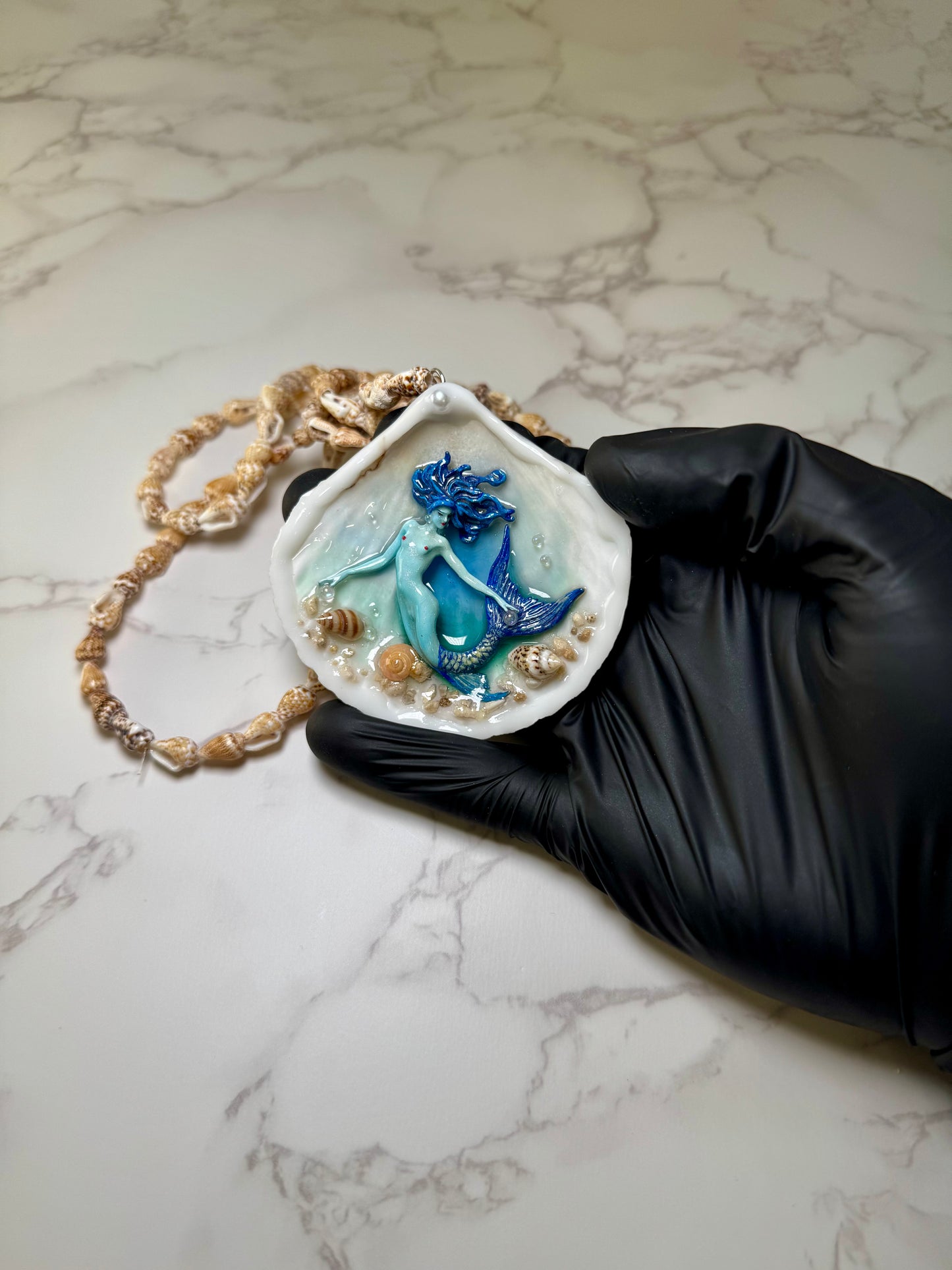 April All Blue Mermaid Sea Shell Necklace – Mermaid in Shell with UV Resin