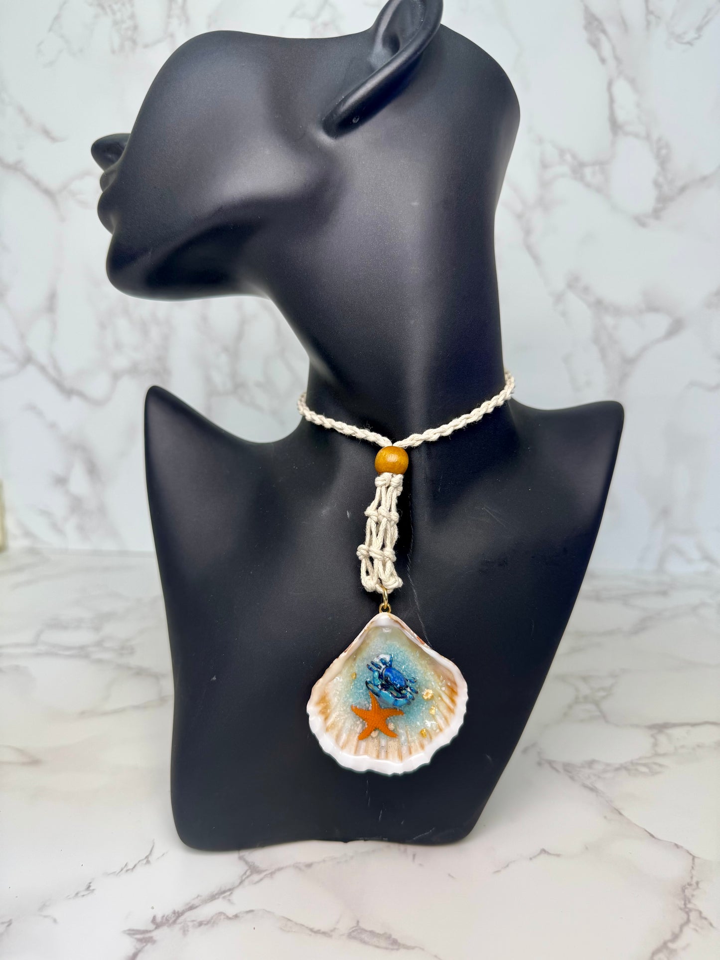 Mini Blue Sand Crab with Starfish Handmade Mini Sand Crab Necklace Encapsulated in Real Shell with UV Resin