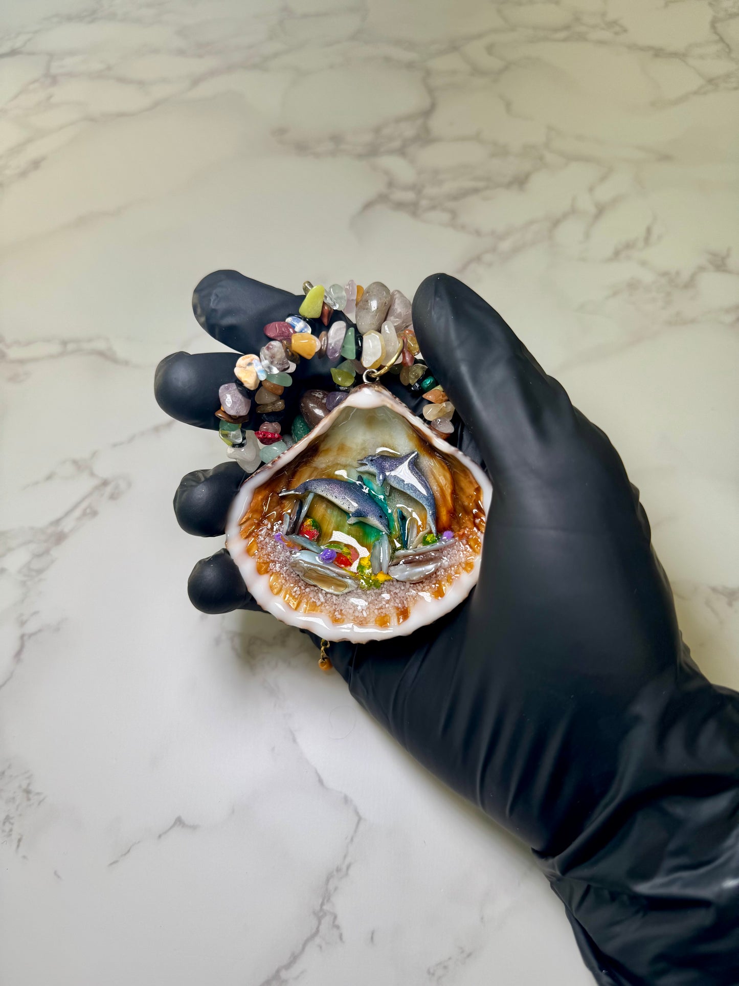 Dolphin Duo Playing Big Reef Shell Necklace - Encapsulated in Real Shell with UV Resin