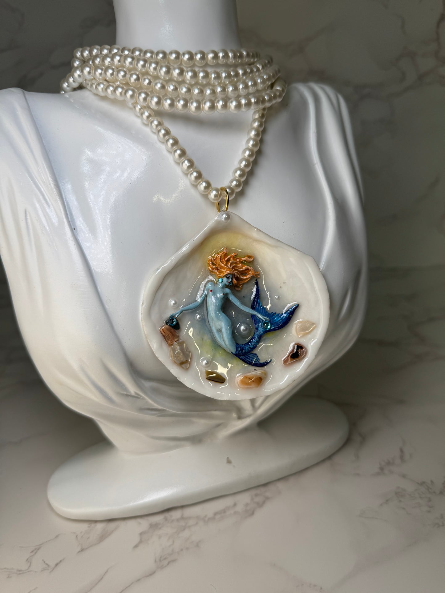 March Diamond Mermaid Sea Shell Necklace – Mermaid in Shell with UV Resin