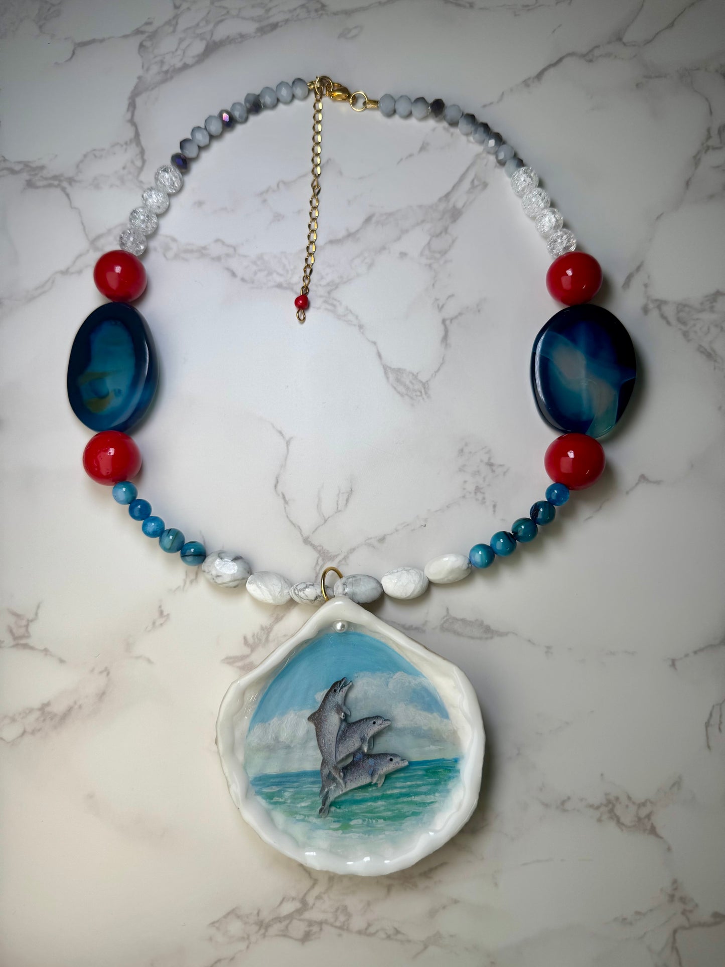 Three Dolphins Necklace Resin‑Encased Handmade Trio of Dolphins Necklace Encapsulated in Real Shell with UV Resin on Fine Colored Crystal Beads