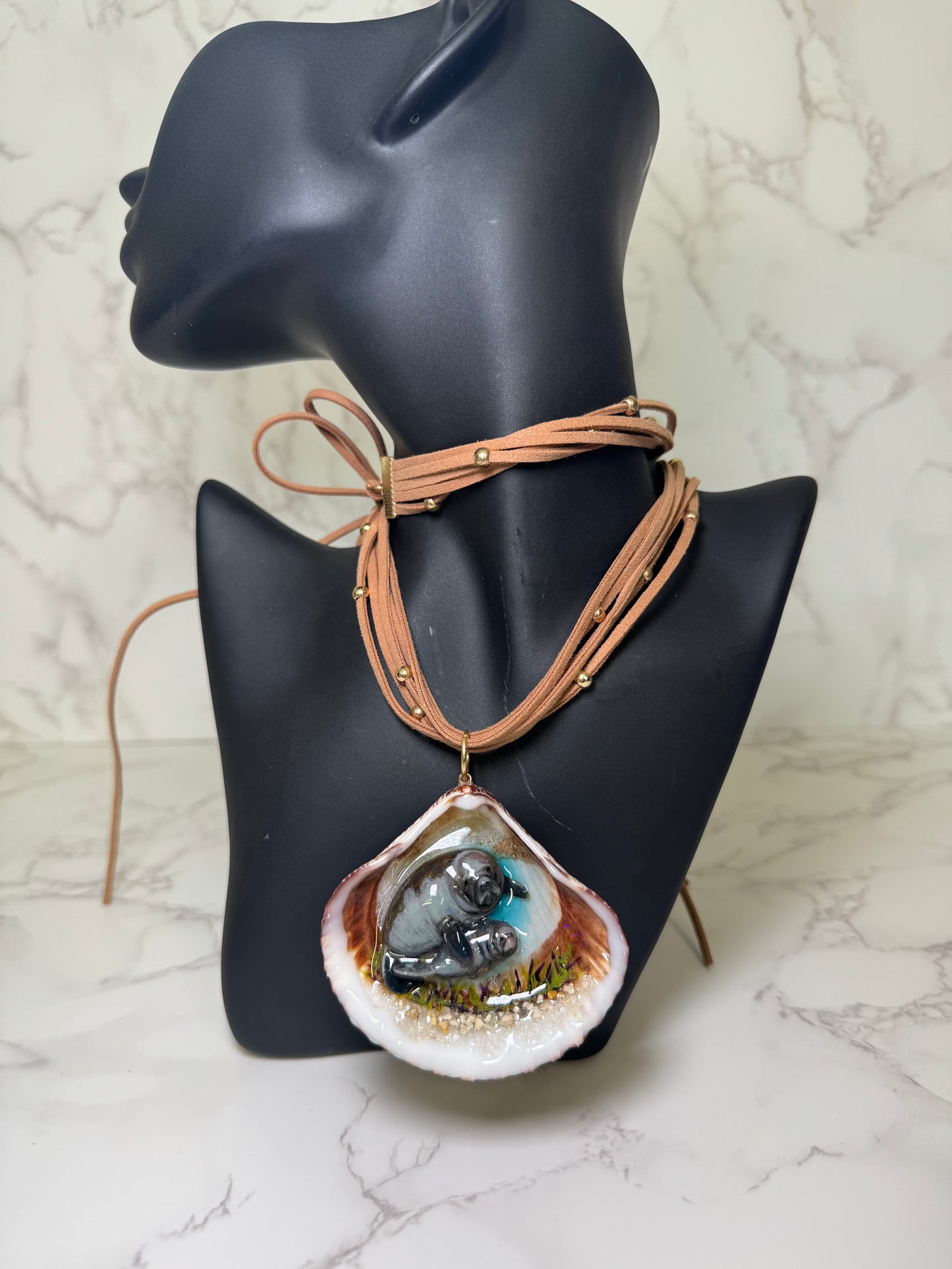 Green Handmade Manatee Couple Necklace Encapsulated in Real Shell with UV Resin on Stones Strand