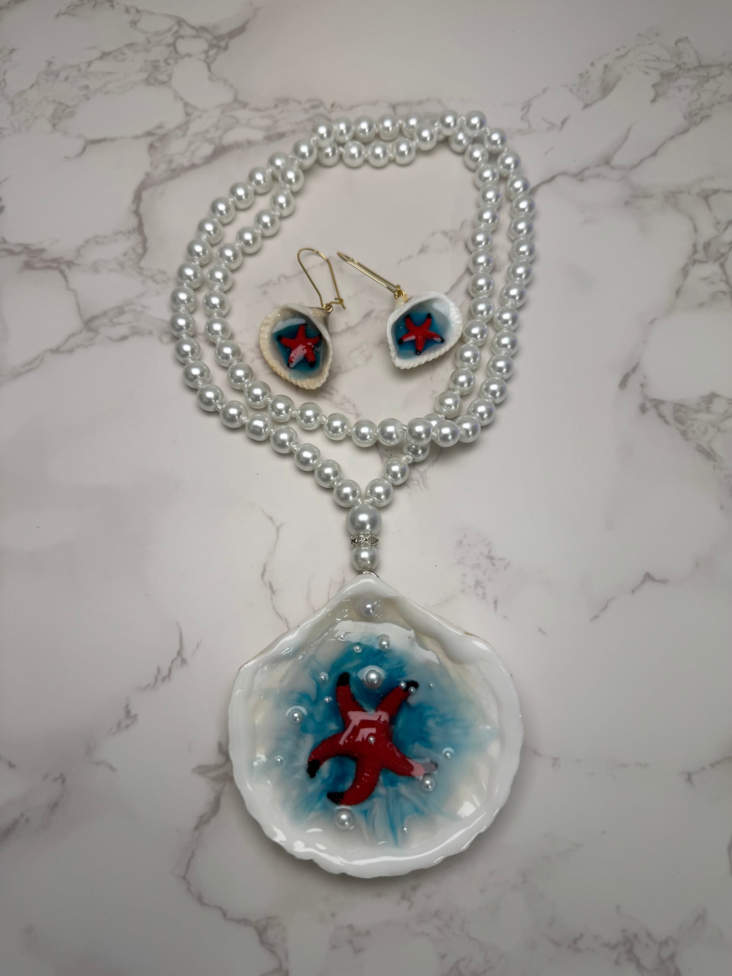 Set Beautiful Red Handmade Red Starfish Necklace with Black Tips Encapsulated in Real Shell with UV Resin