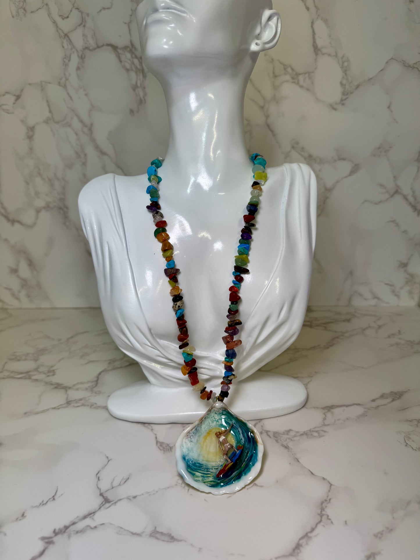 Handmade Brass Surfer Necklace Suspended Over Painted Ocean in Resin on Multicolor Stone Beads