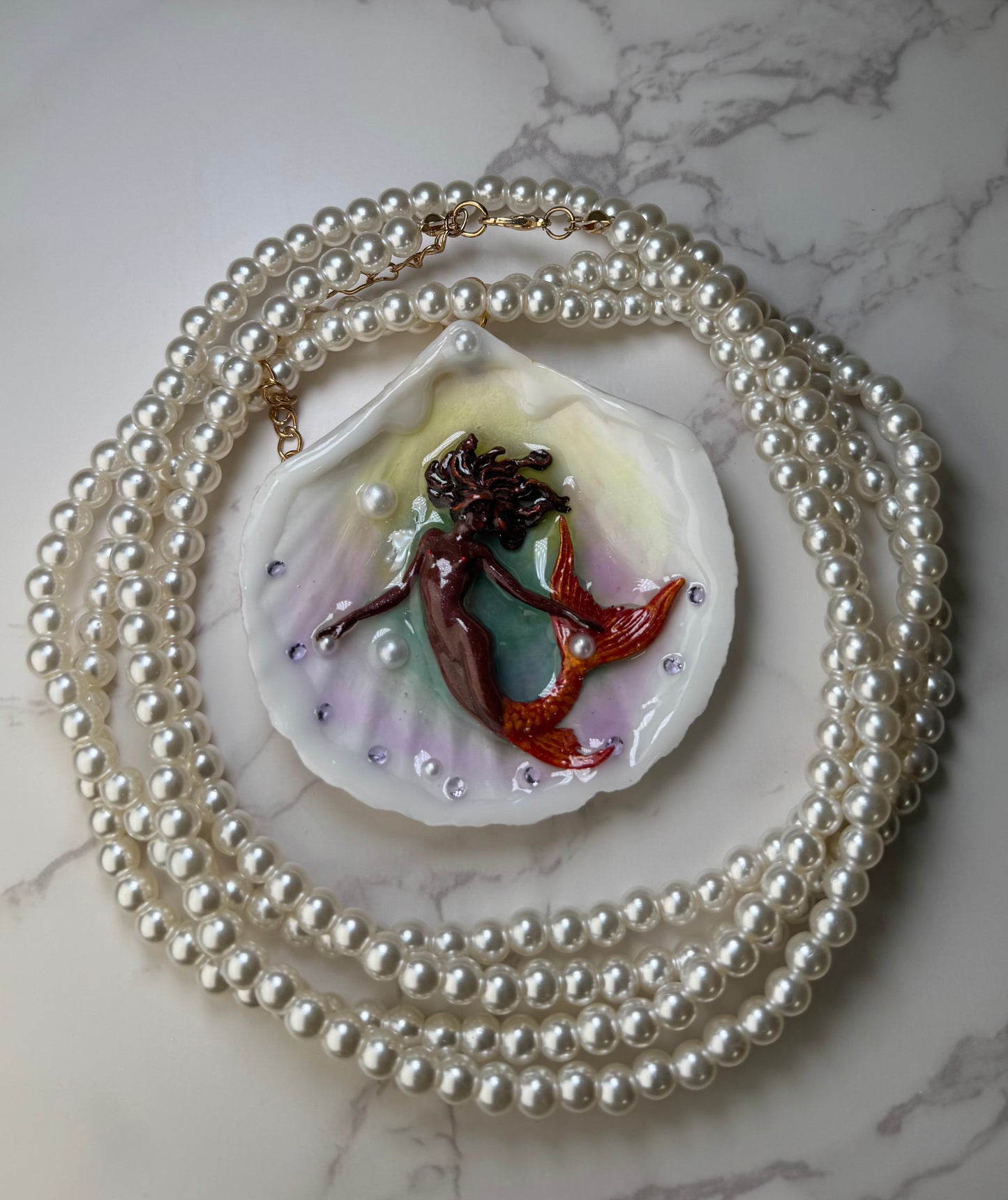 October Brownskin Mermaid Sea Shell Necklace – Mermaid in Shell with UV Resin