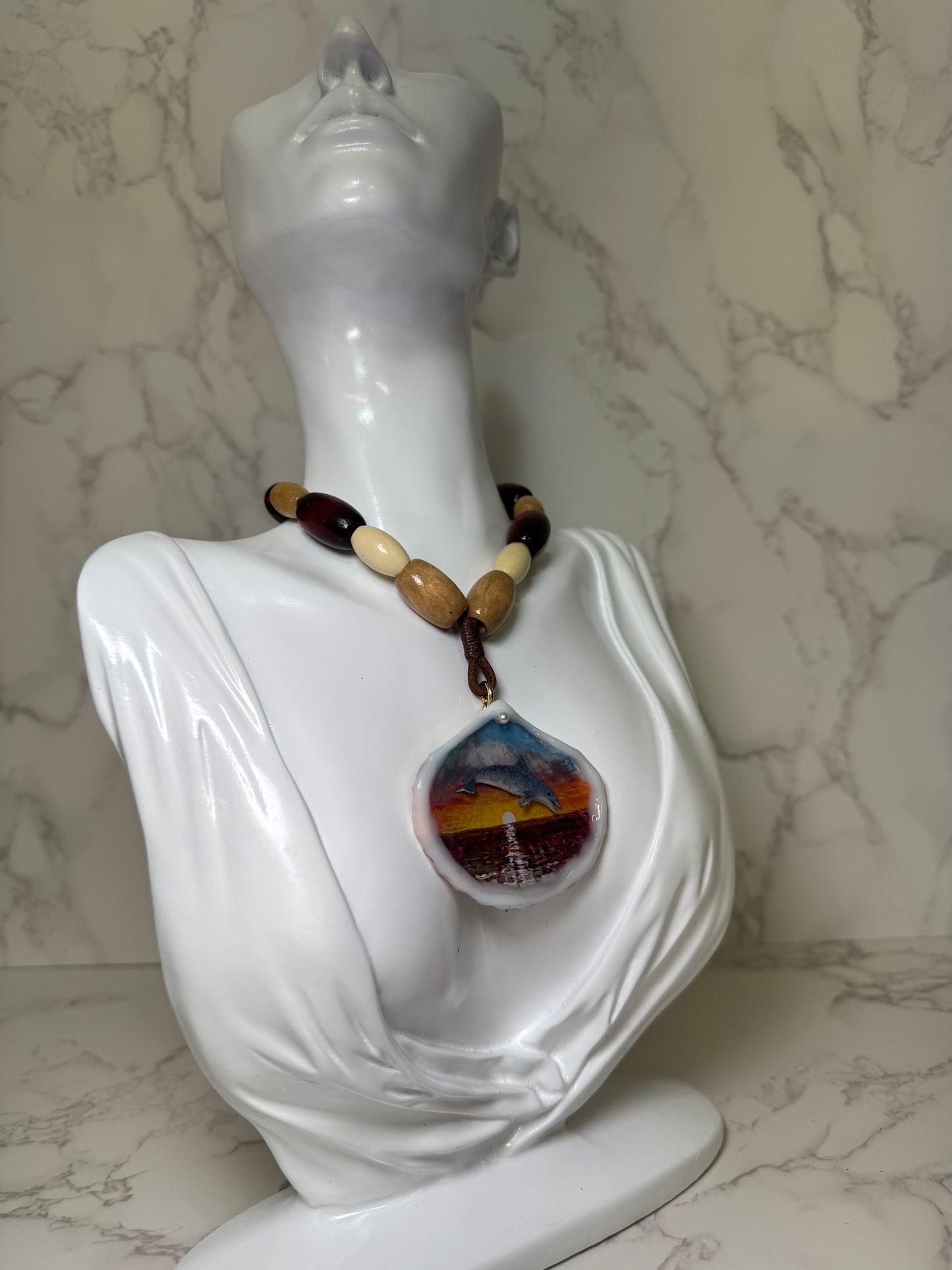 Beautiful Single Dolphin Necklace Handmade Dolphin Necklace Over Painted Ocean Sunset Encapsulated in Real Shell with UV Resin on Leather Cord
