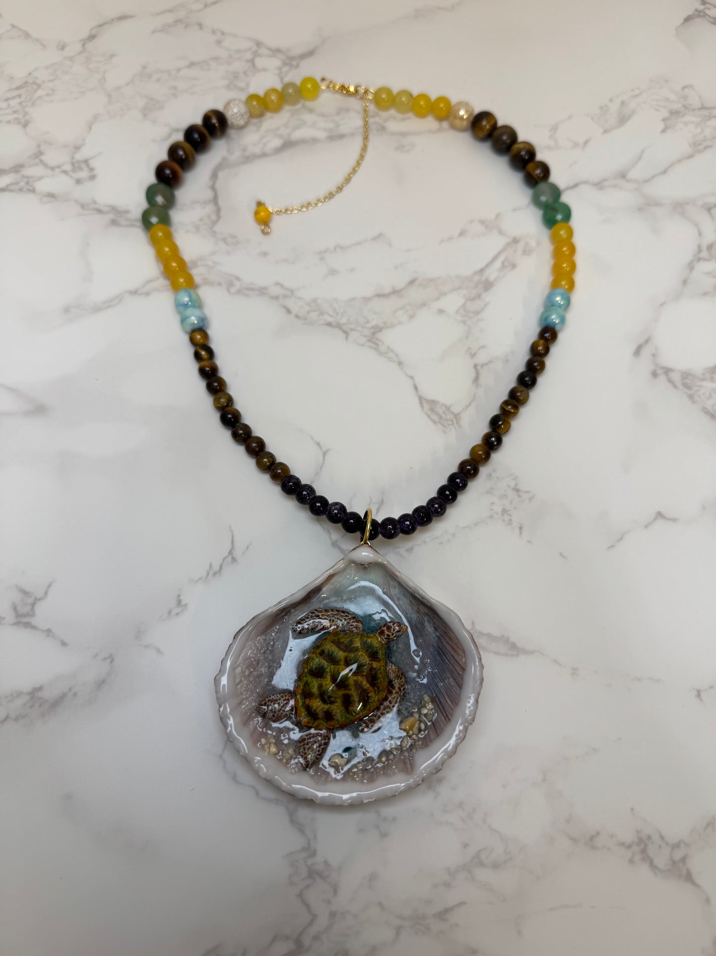 Green Sea Turtle Handmade Sea Turtle Necklace Encapsulated in Real Shell with UV Resin on Fine Colored Crystal Beads