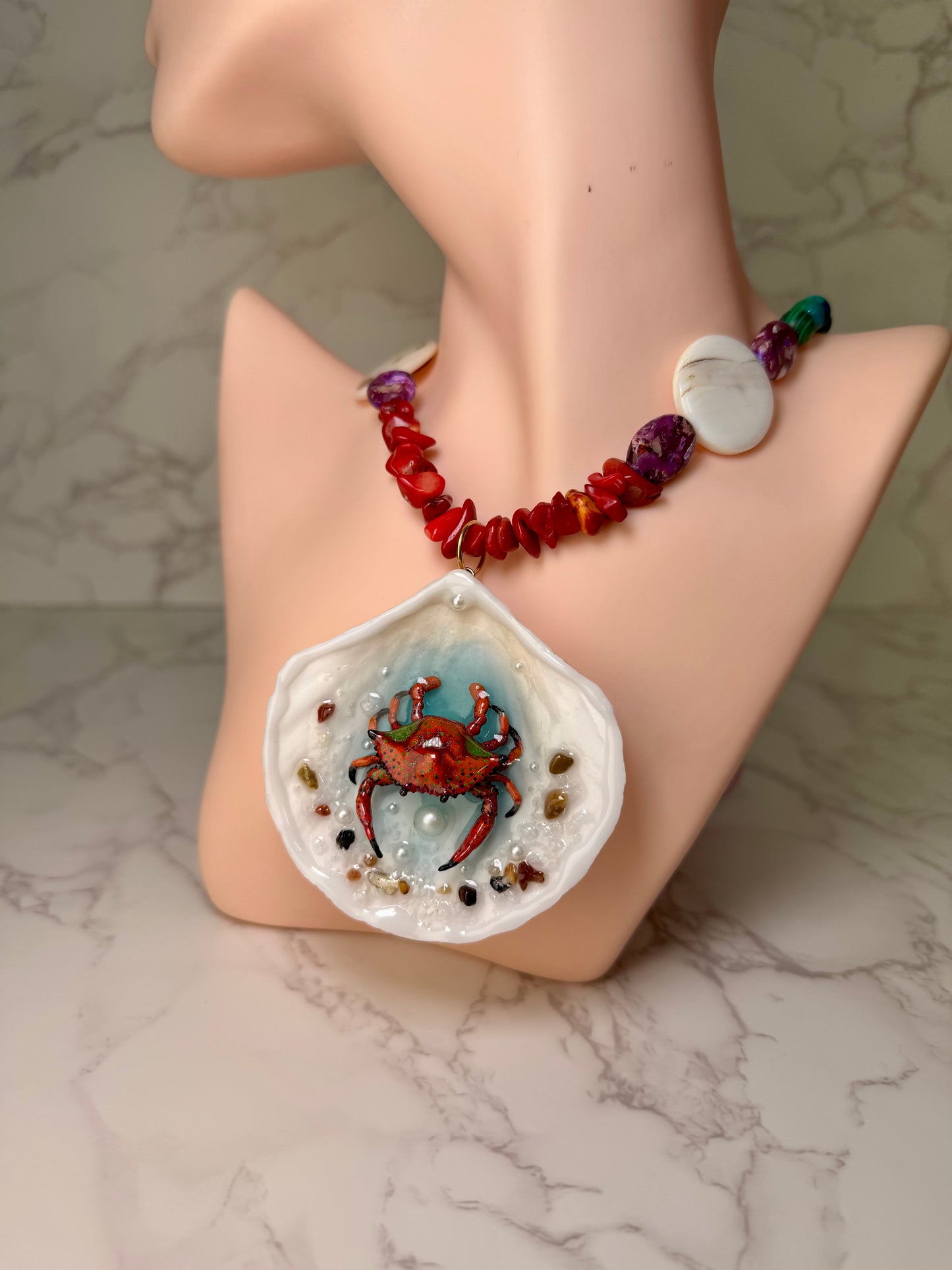Red Crab Shell Necklace - Encapsulated in Real Shell with UV Resin