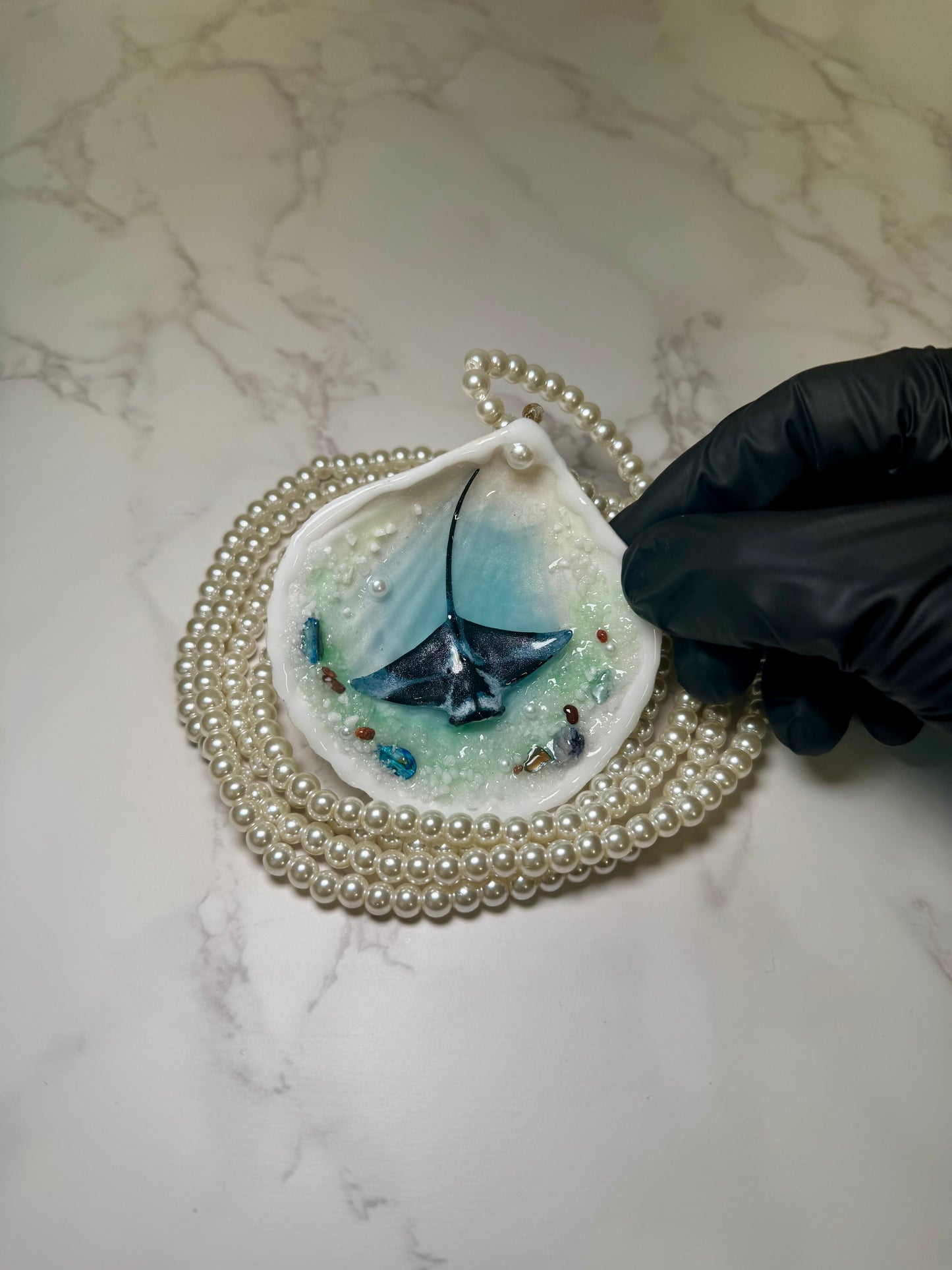Pearl Handmade Manta Ray Necklace Encapsulated in Real Shell with UV Resin on Pearl Strand