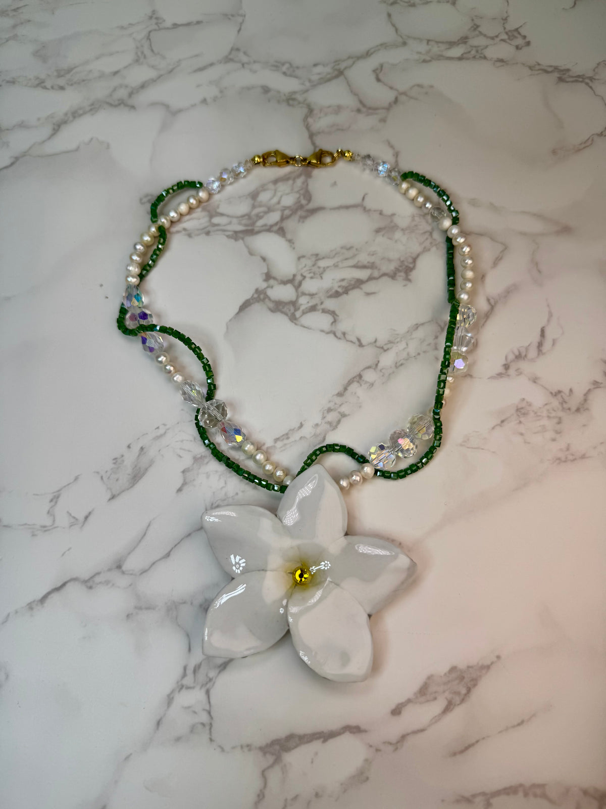 Sweet White Clear Plumeria Flowers Crystal Necklace | Handmade Floral Jewelry