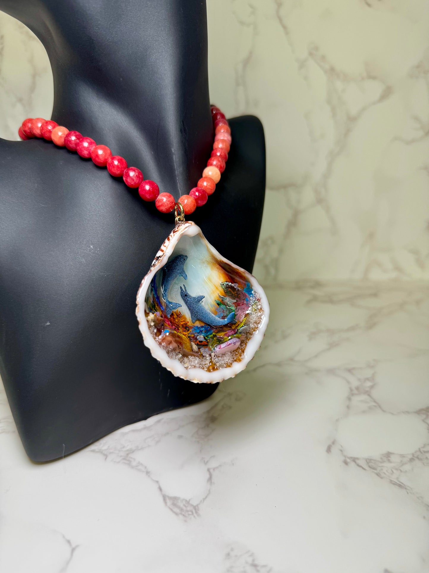 Beautiful Dolphin Couple Necklace Handmade Dolphin Necklace Over Painted Ocean Sunset Encapsulated in Real Shell with UV Resin on Leather Cord