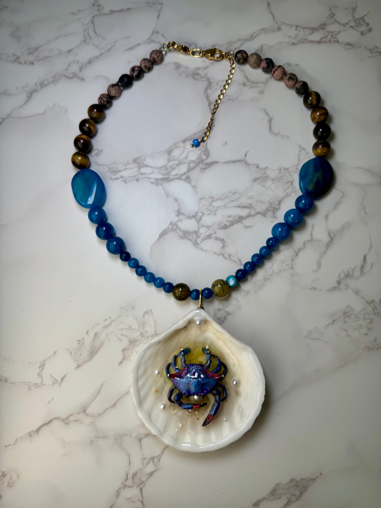 Blue Crab with Red Accents Shell Necklace - Encapsulated in Real Shell with UV Resin