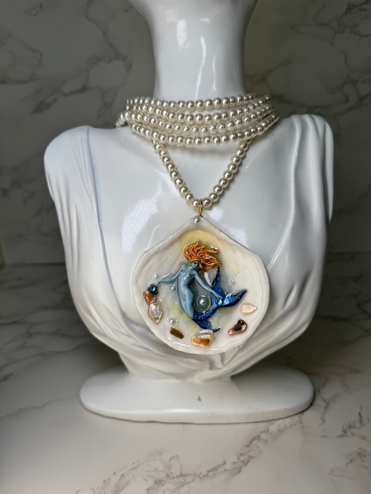 March Diamond Mermaid Sea Shell Necklace – Mermaid in Shell with UV Resin