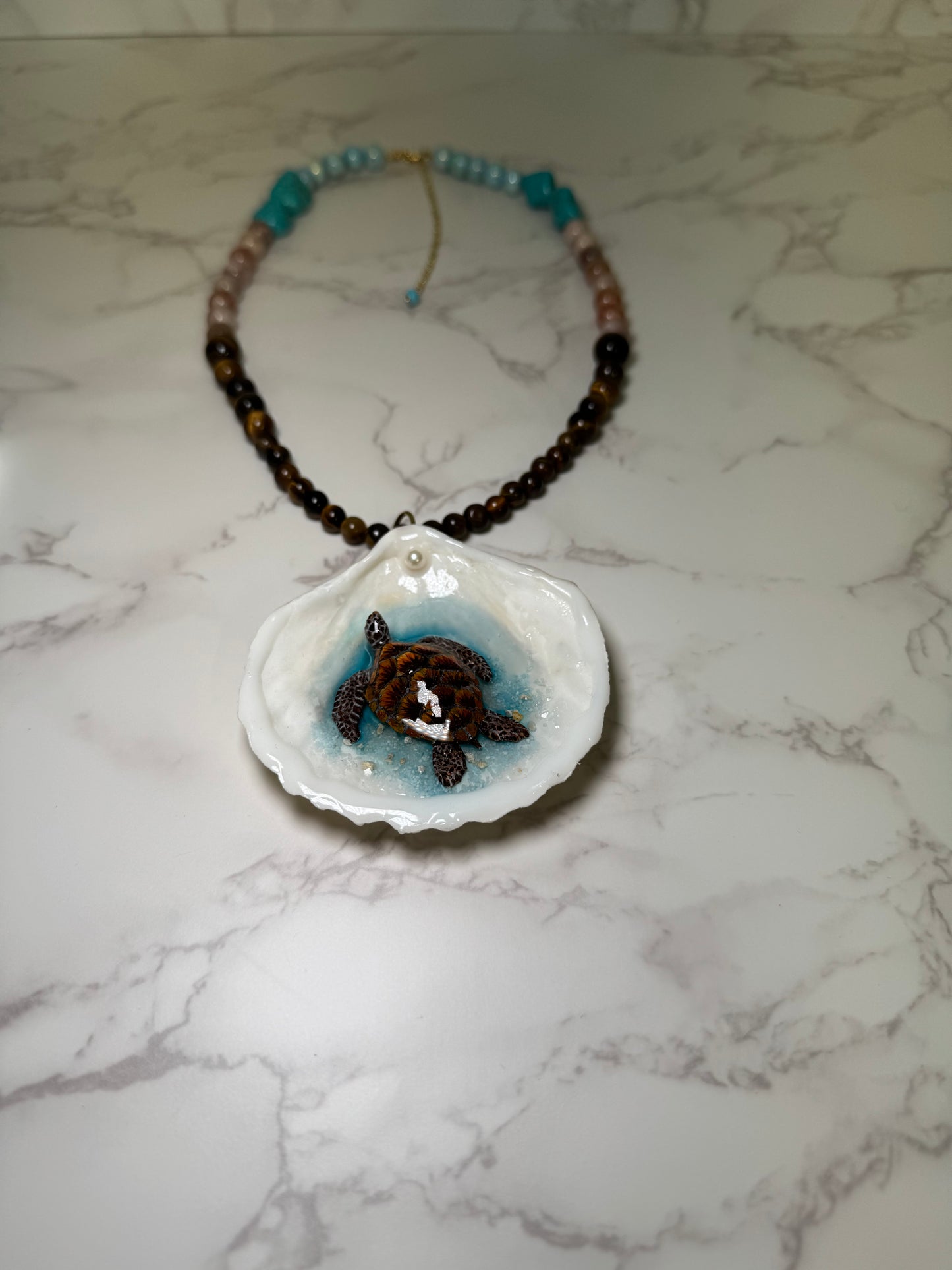 Dark Brown Sea Turtle Resin‑Encased Sea Turtle in Shell with UV Resin on Crystal Bead Necklace
