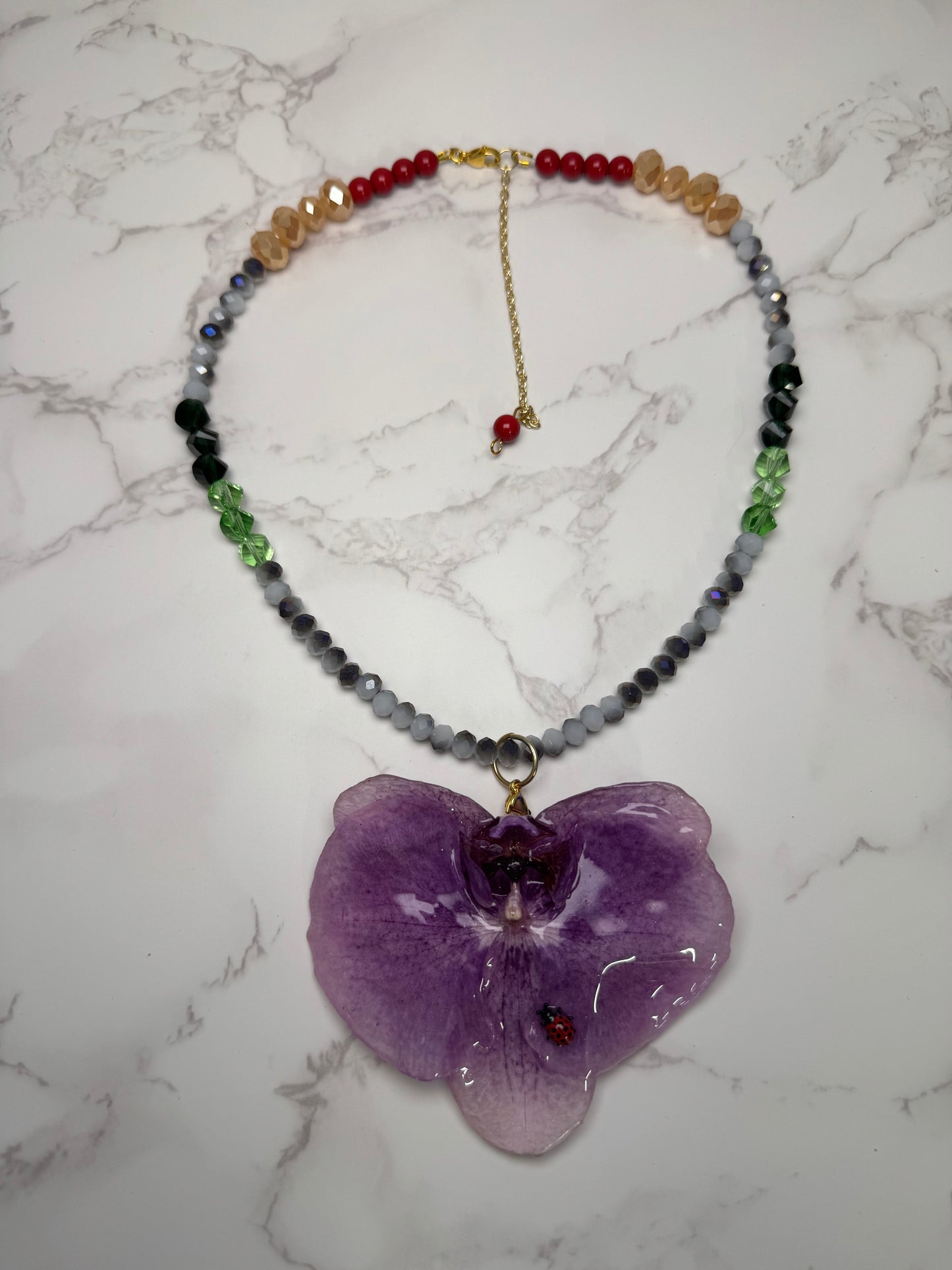 Purple Orchid with Ladybug Necklace Real Preserved Orchid Jewelry – Natural Orchids in UV Resin