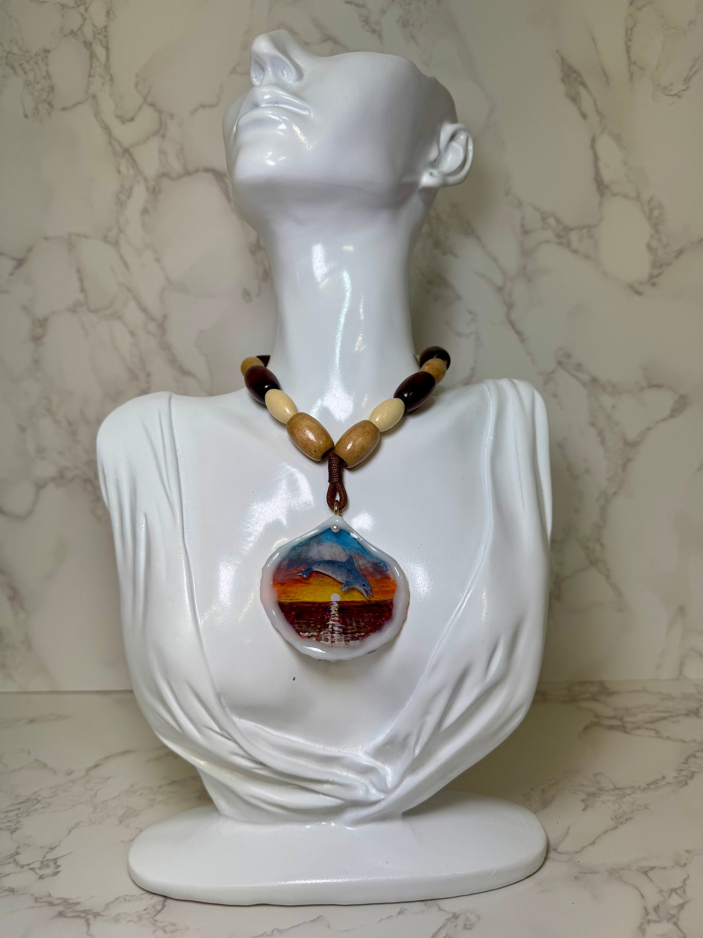 Beautiful Single Dolphin Necklace Handmade Dolphin Necklace Over Painted Ocean Sunset Encapsulated in Real Shell with UV Resin on Leather Cord