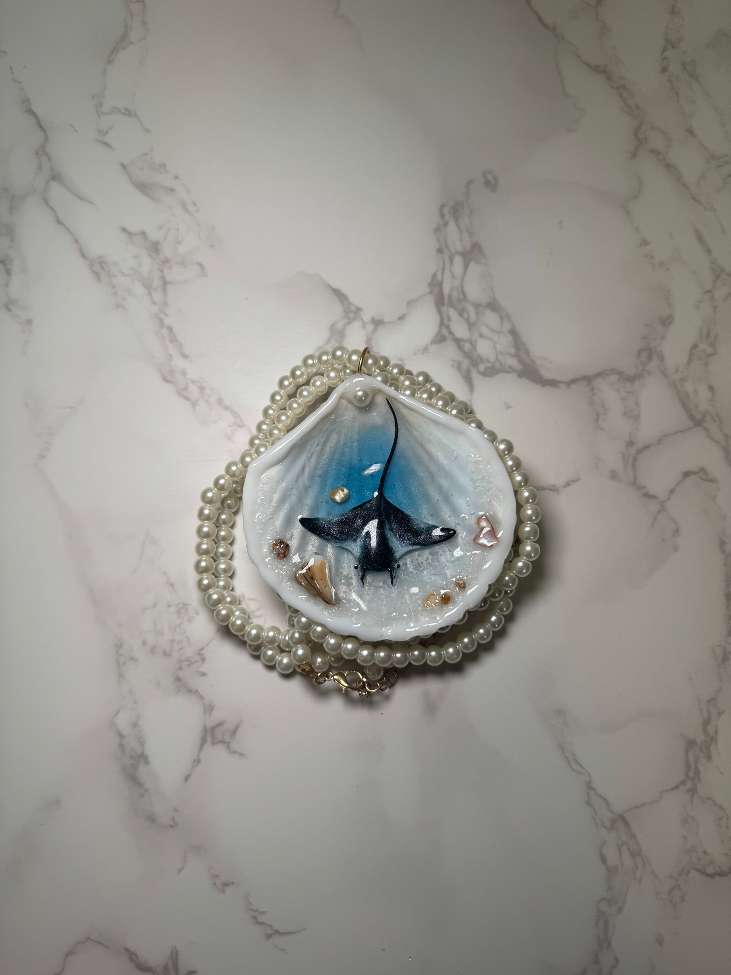 Manta Esmeralda Handmade Manta Ray Necklace Encapsulated in Real Shell with UV Resin on Pearl Strand