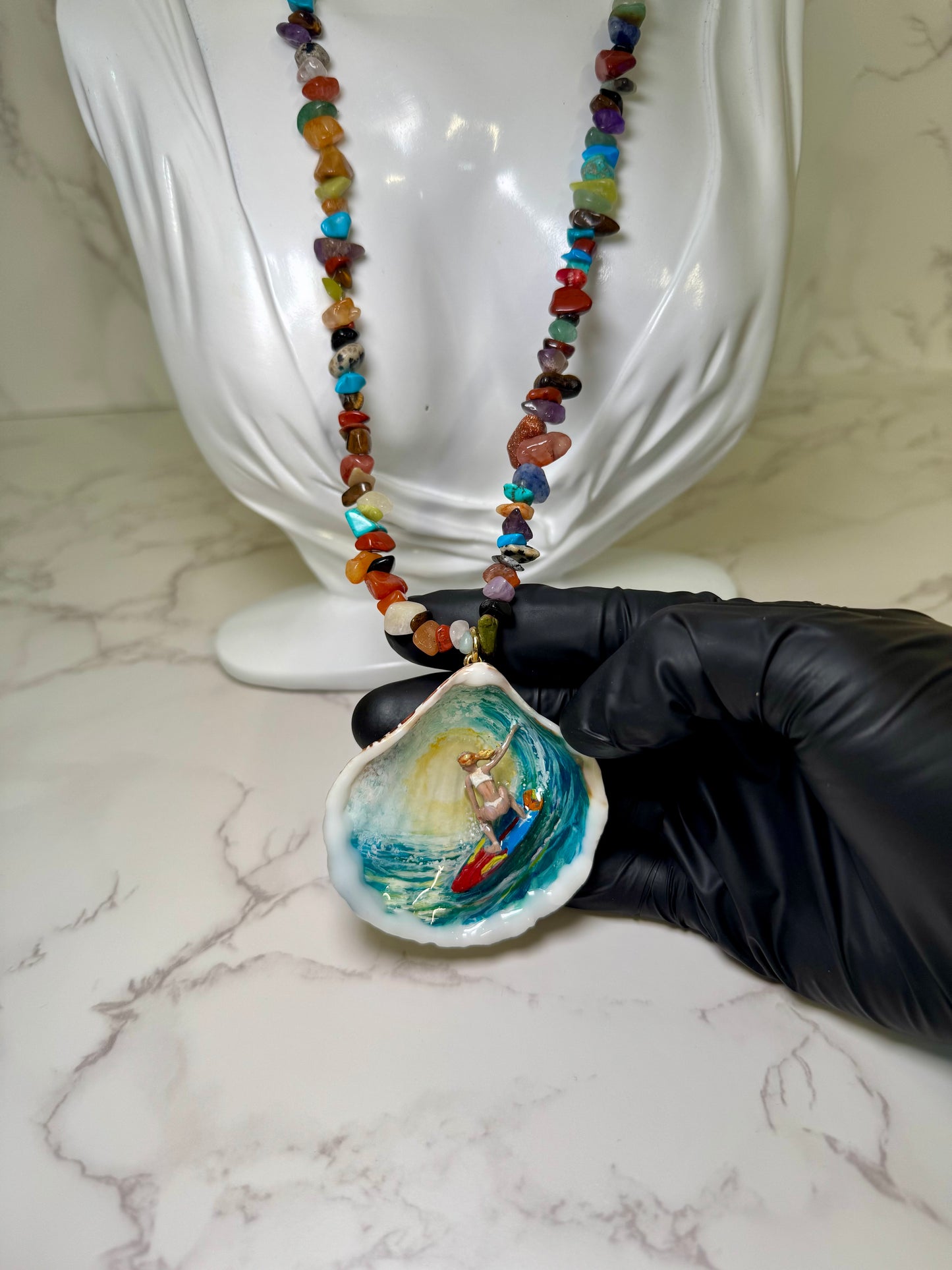 Handmade Brass Surfer Necklace Suspended Over Painted Ocean in Resin on Multicolor Stone Beads