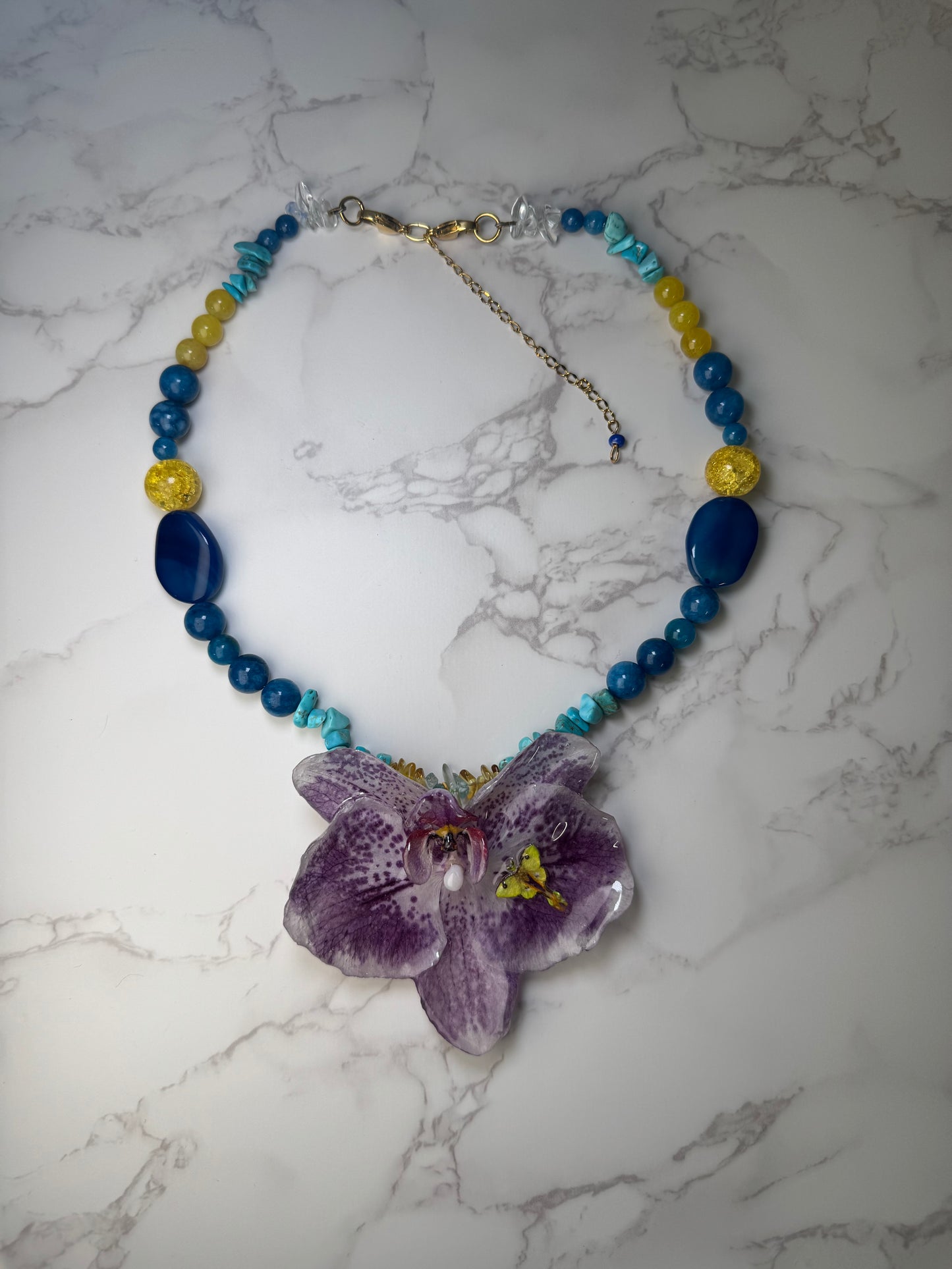 Big Purple Orchid With Moonlight Butterfly Necklace- Real Orchid Necklace – Natural Flower Preserved in Resin