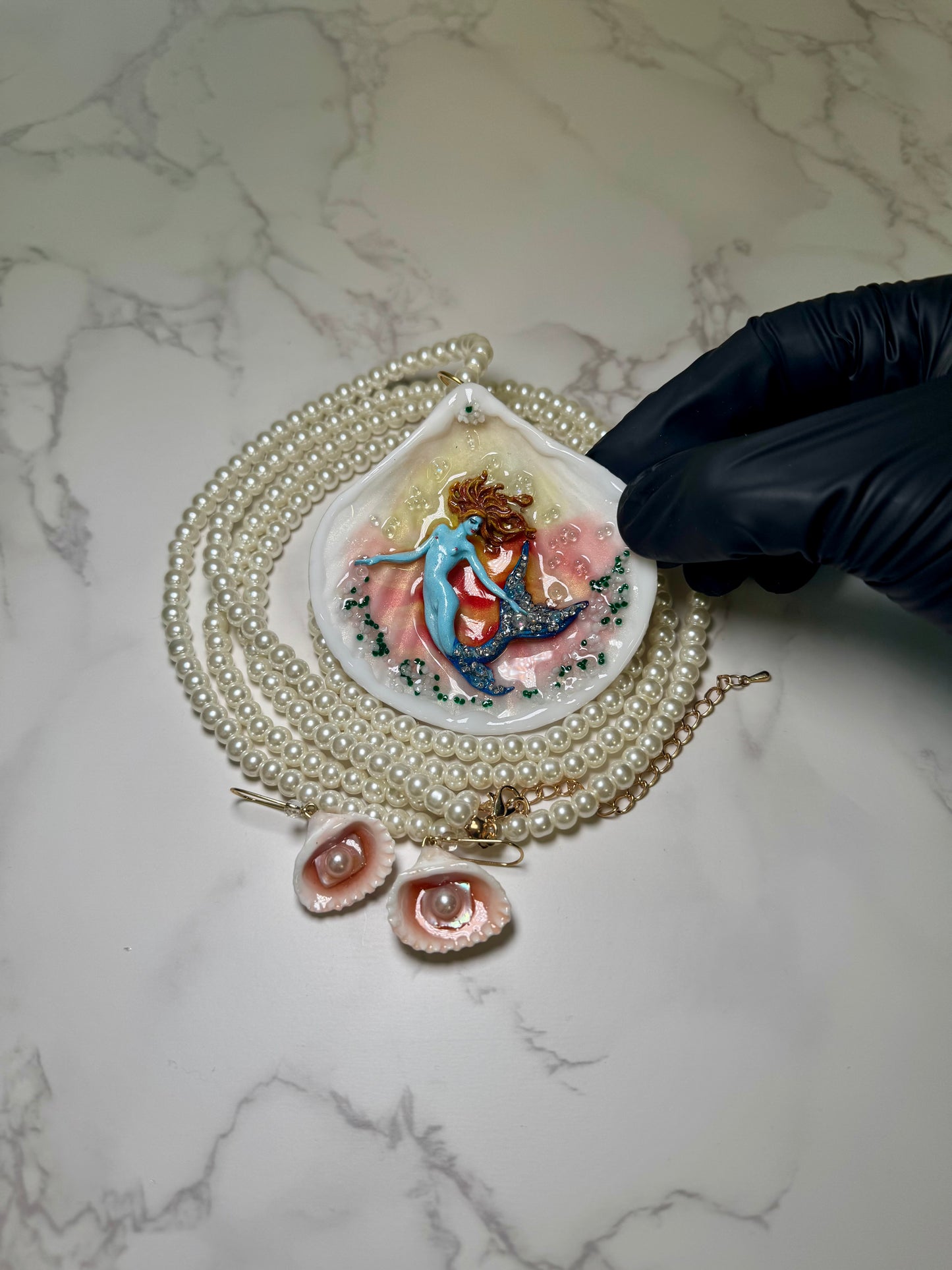 Coral Mermaid Sea Shell Necklace Set– Mermaid in Shell with UV Resin