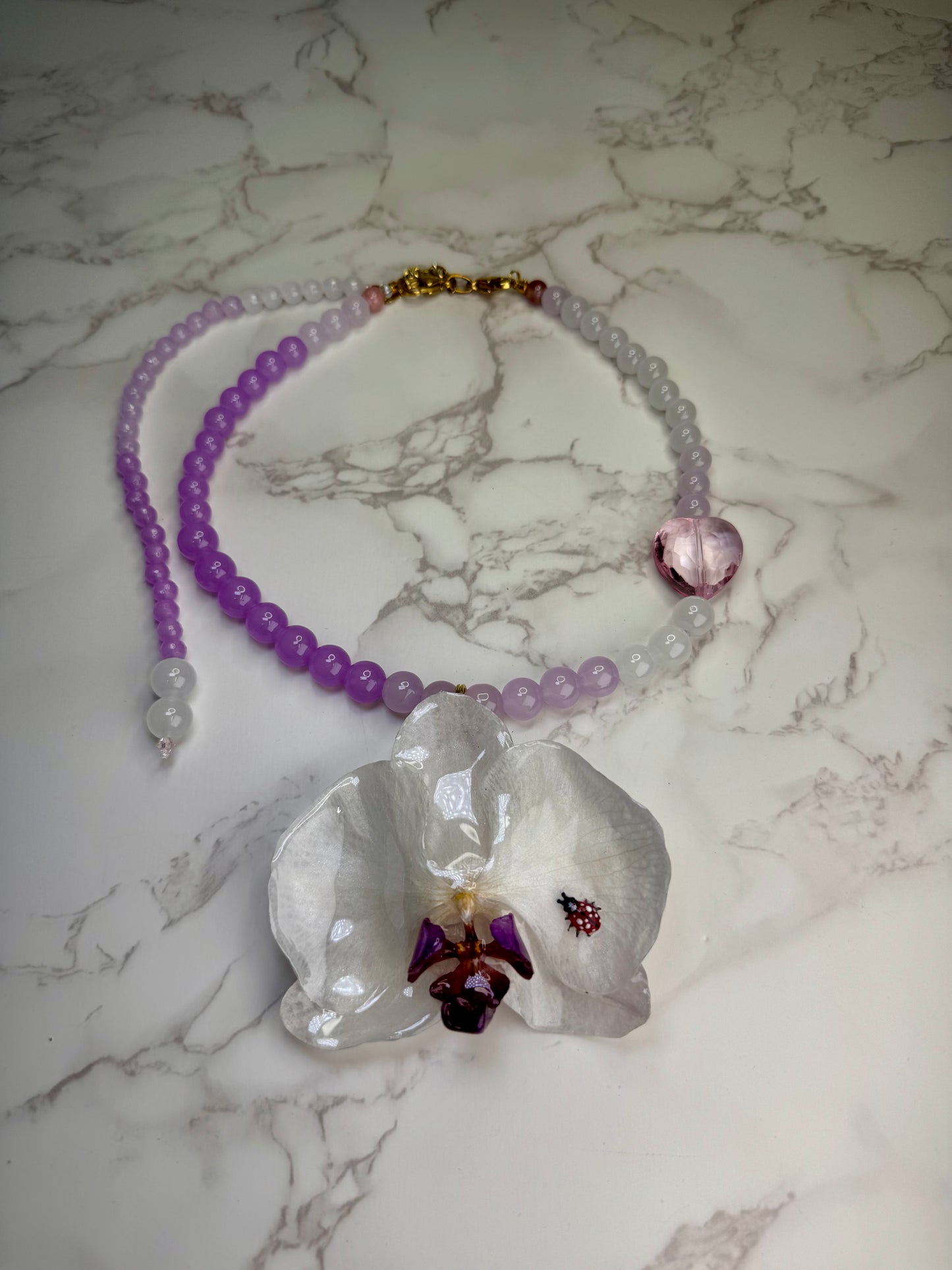 Lavander Handmade Real White Orchid Necklace | Resin Flower Jewelry with Lavender Crystal Beads