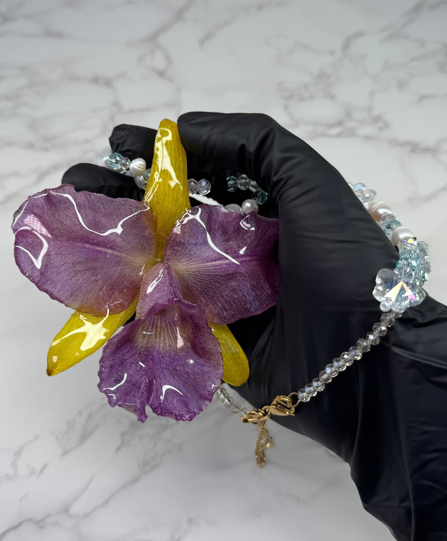 Oceanlight Cattleya Bloom Purple & Yellow Cattleya Orchid Necklace – Clear & Light Blue Crystal Beads