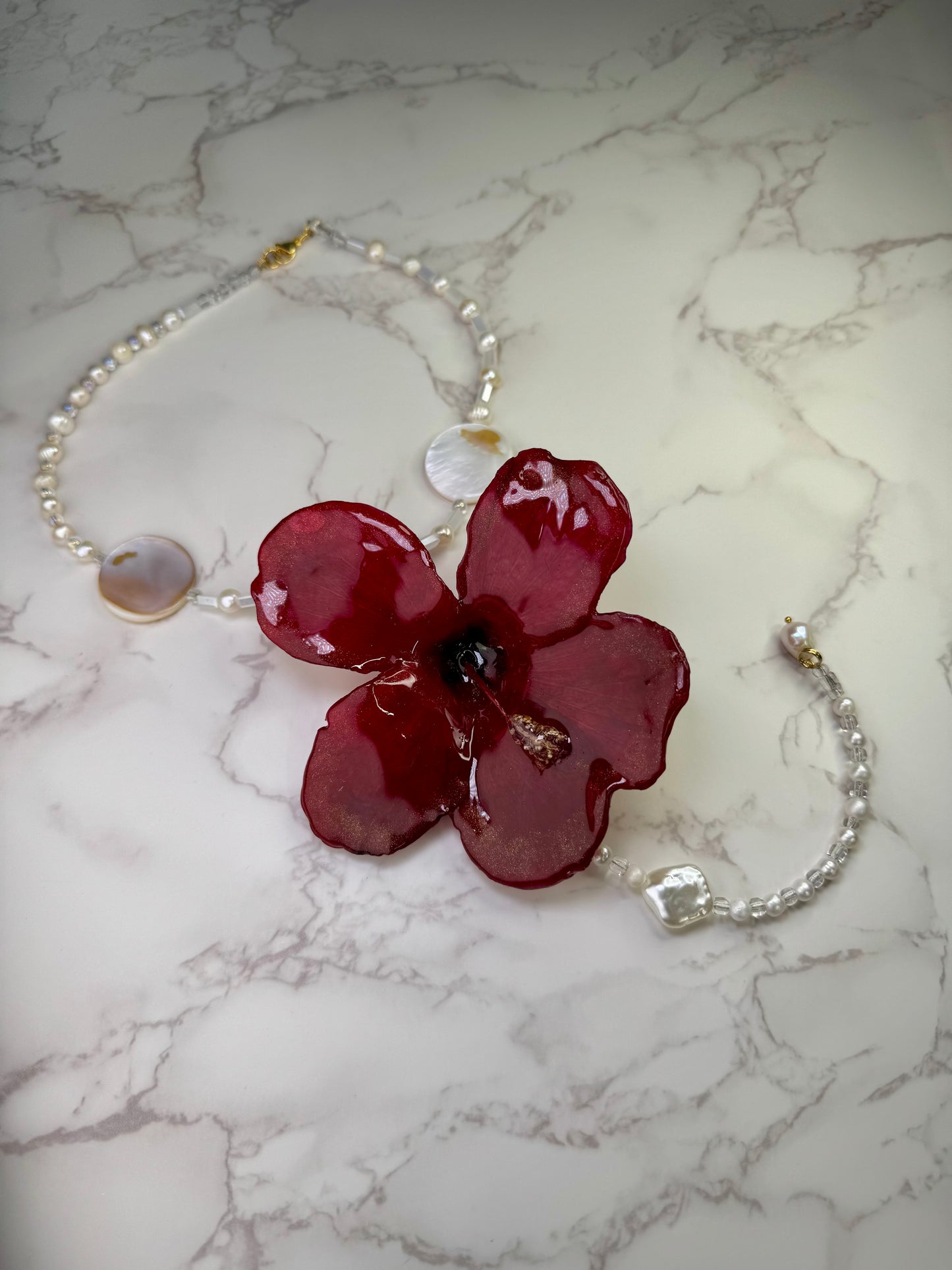 The Island Radiance – Red Hibiscus & Ocean Pearl Elegance
