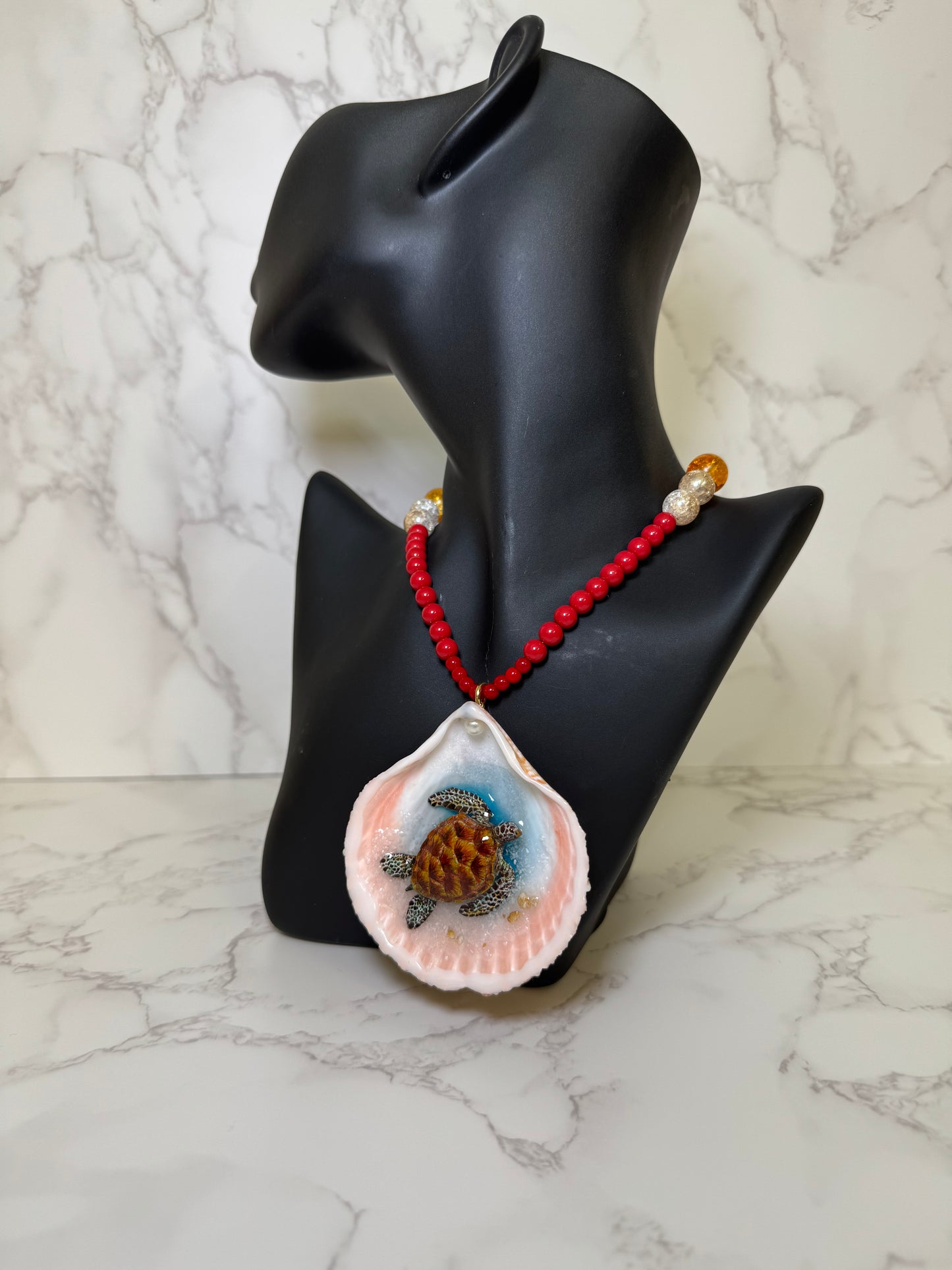Brown Sea Turtle Resin‑Encased Handmade Sea Turtle Necklace Encapsulated in Real Shell with UV Resin on Fine Colored Crystal Beads