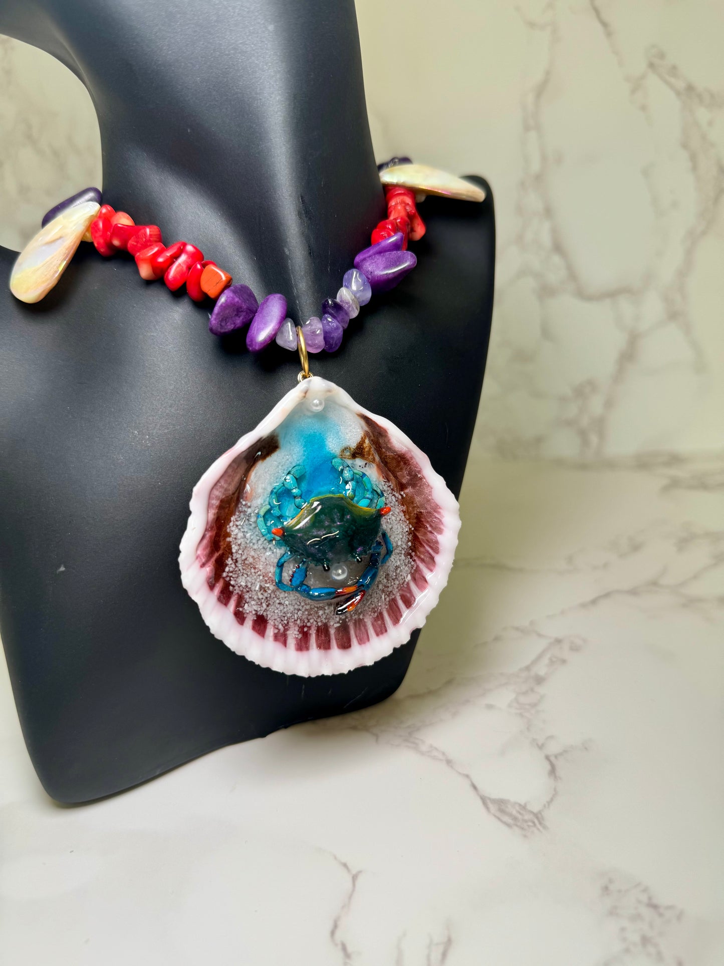 Set Blue Crab Necklace Resin‑Encased Shell Collection Shell Necklaces Sea Necklaces Epoxy Resin
