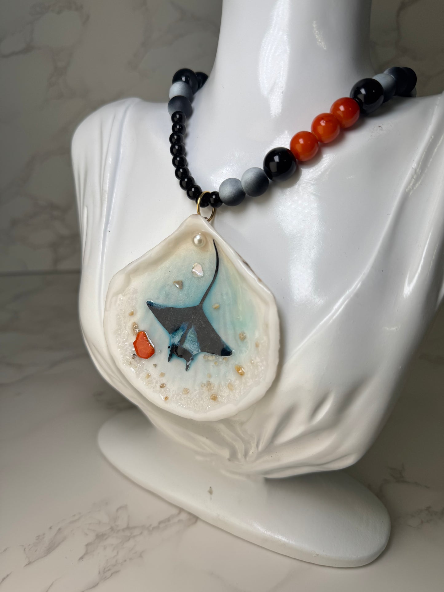 Beautiful Manta Ray Handmade Manta Ray Necklace Encapsulated in Real Shell with UV Resin on Fine Crystal Beads
