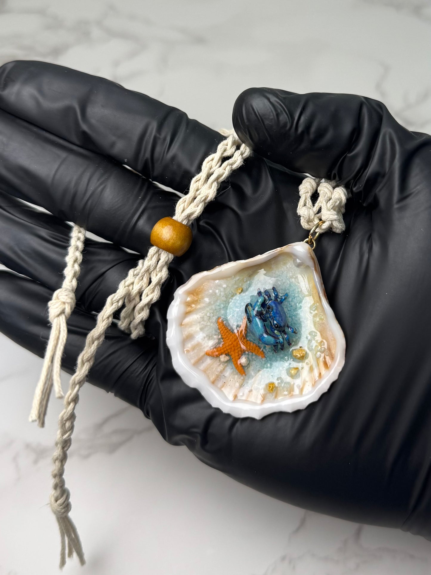 Mini Blue Sand Crab with Starfish Handmade Mini Sand Crab Necklace Encapsulated in Real Shell with UV Resin