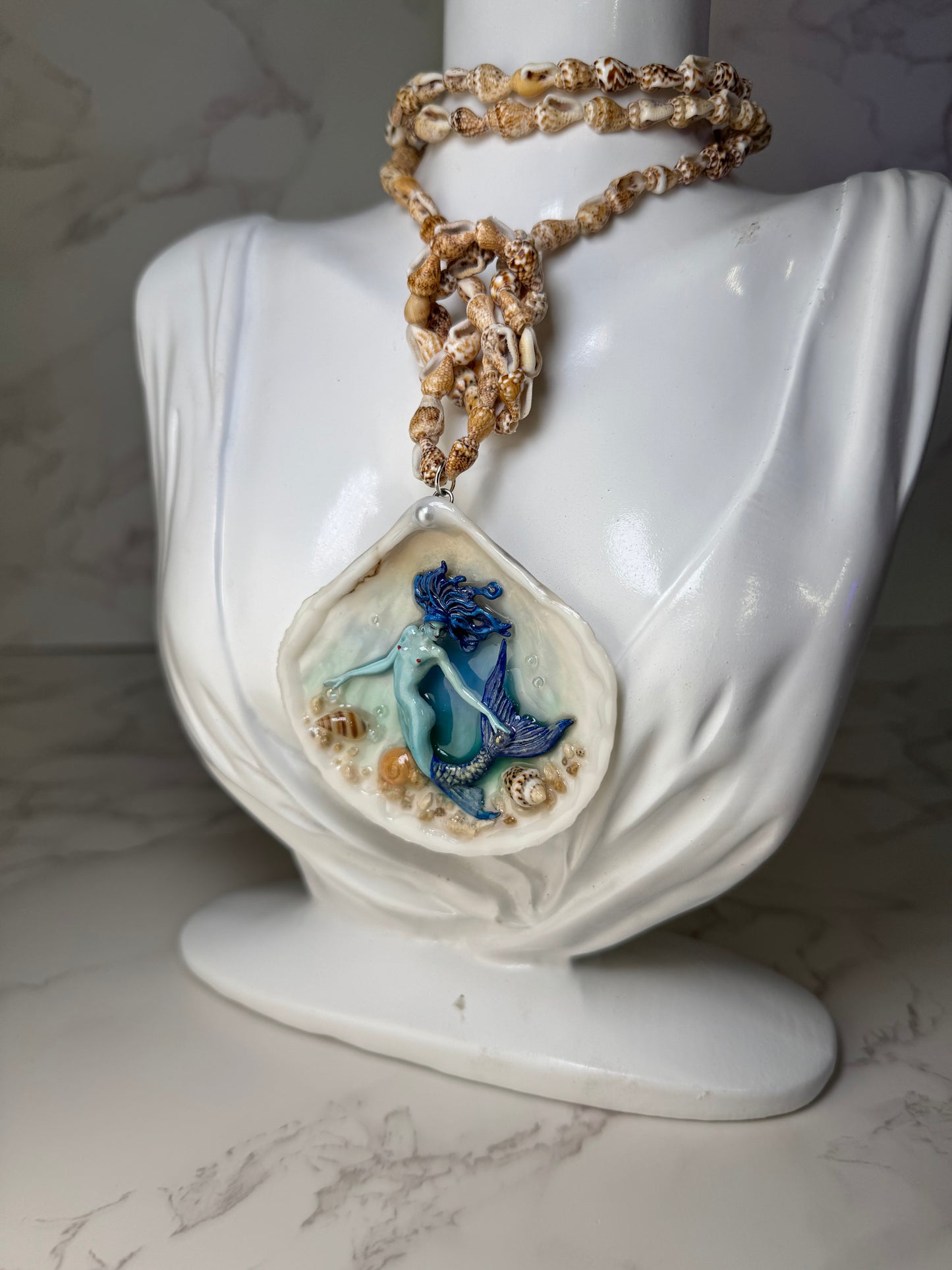 April All Blue Mermaid Sea Shell Necklace – Mermaid in Shell with UV Resin