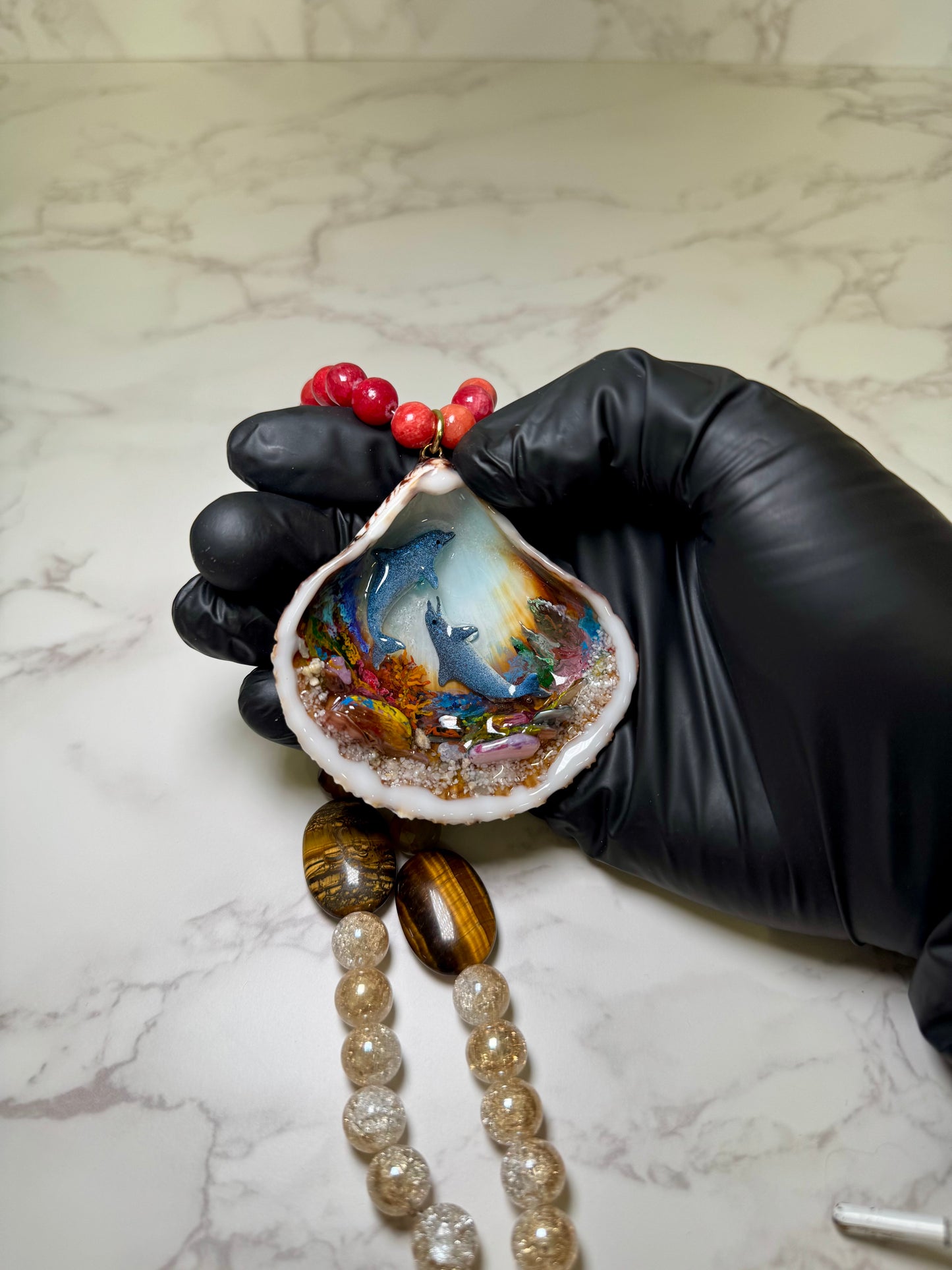 Beautiful Dolphin Couple Necklace Handmade Dolphin Necklace Over Painted Ocean Sunset Encapsulated in Real Shell with UV Resin on Leather Cord