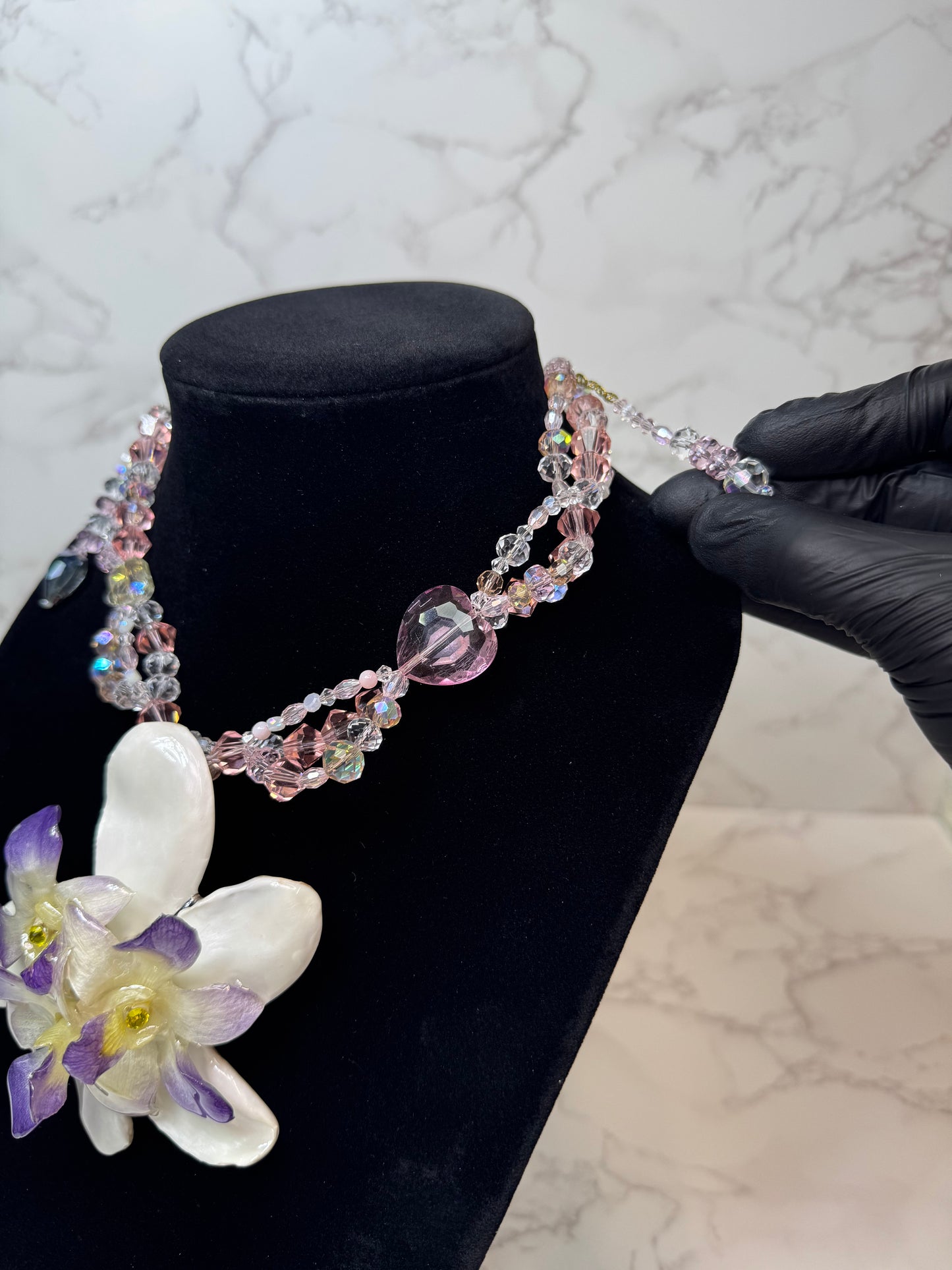 Diana Three Real Preserved Orchids & White Plumeria Necklace| Handmade Botanical Jewelry | Floral Art