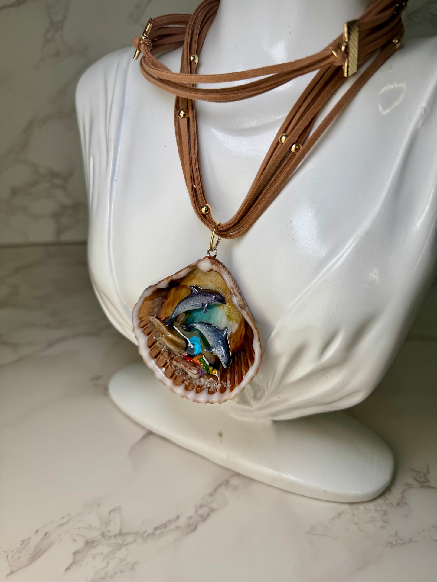 Dolphin Duo Diving Small Reef Shell Necklace - Encapsulated in Real Shell with UV Resin on Adjustable Leather Cord
