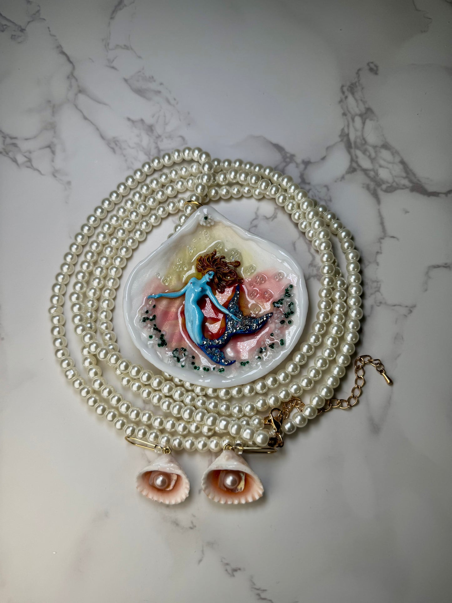 Coral Mermaid Sea Shell Necklace Set– Mermaid in Shell with UV Resin