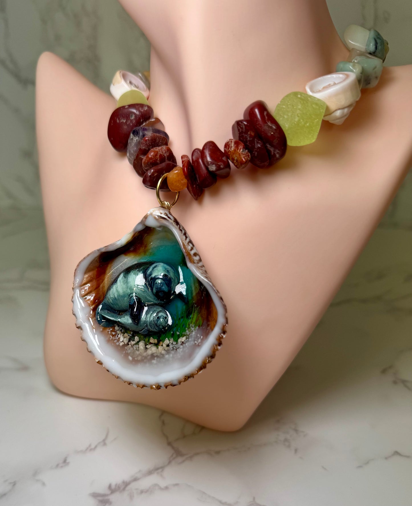 Grey Handmade Manatee Couple Necklace Encapsulated in Real Shell with UV Resin on Adjustable Leather Cord