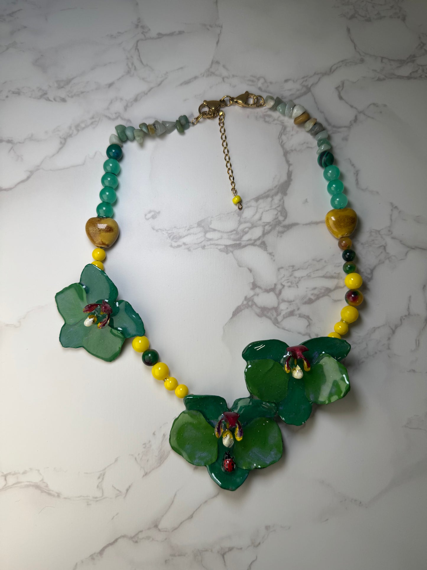 Three Green Asymmetrical Orchids Necklace - Real Orchid Necklace – Natural Flower Preserved in Resin