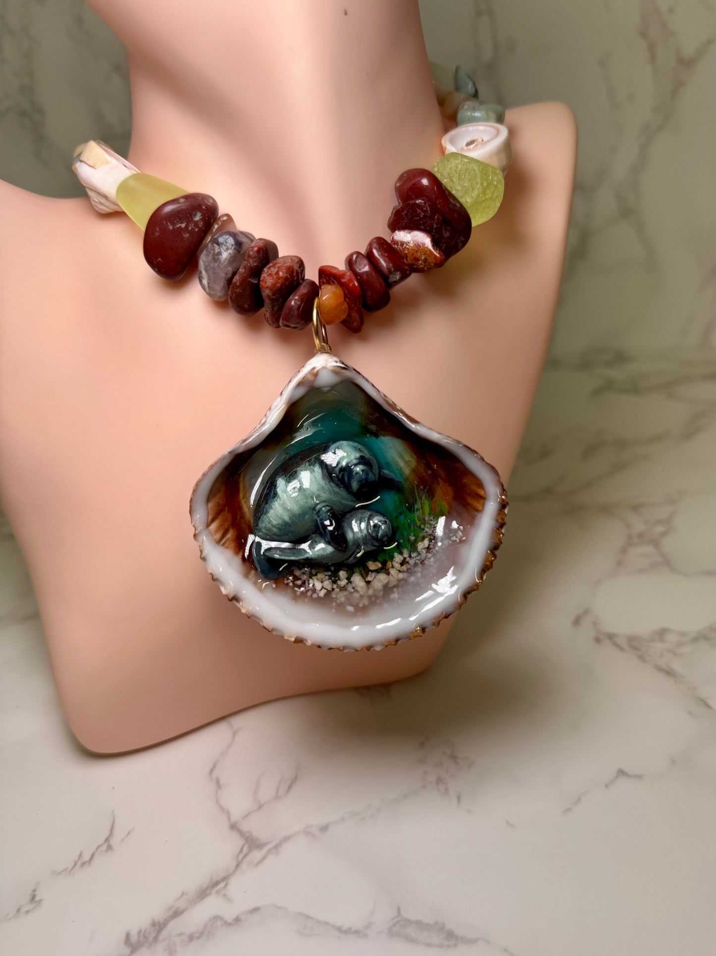 Grey Handmade Manatee Couple Necklace Encapsulated in Real Shell with UV Resin on Adjustable Leather Cord
