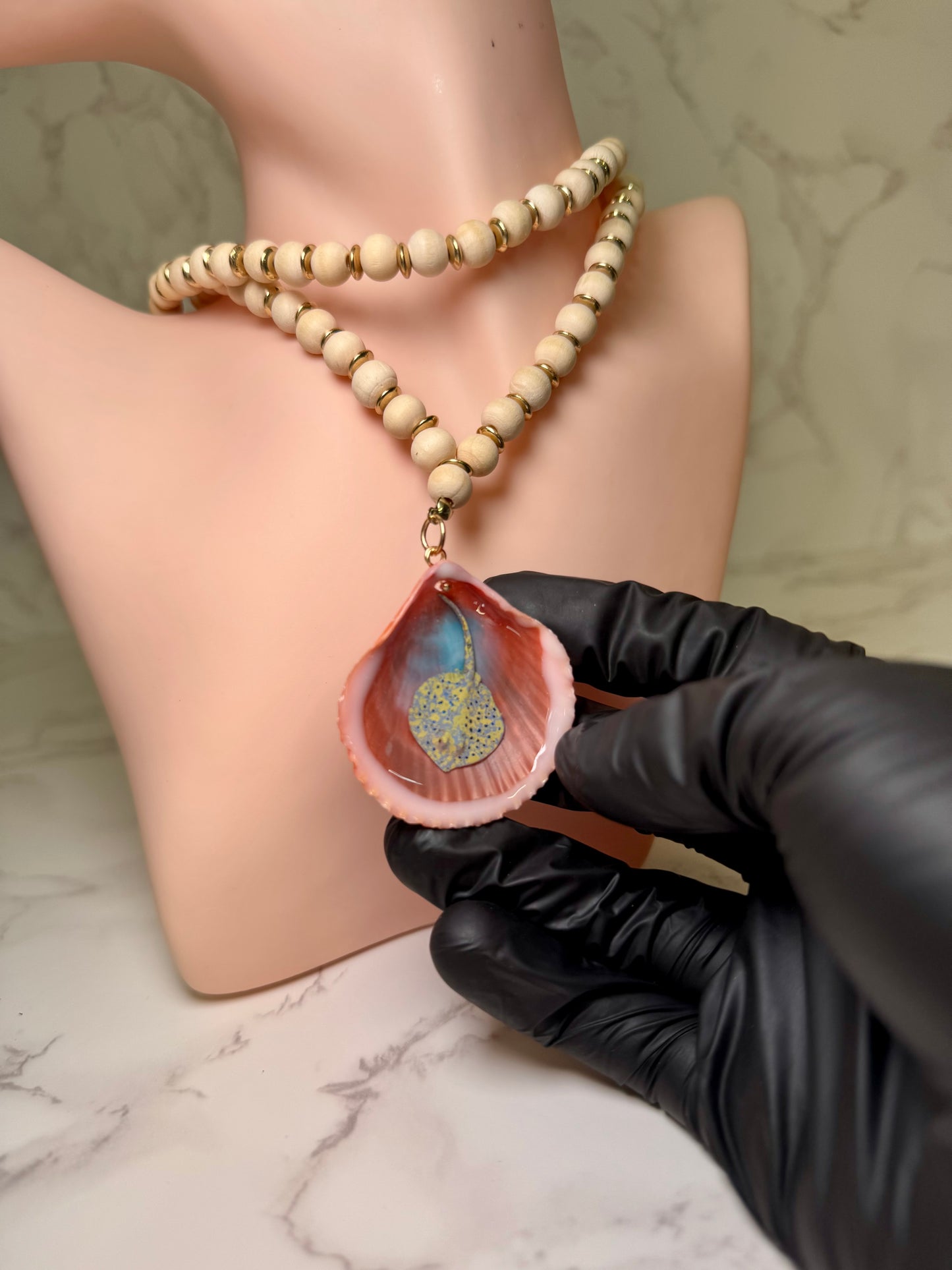 Light Single Sting Ray Handmade Stingray Necklace Encapsulated in Real Shell with UV Resin