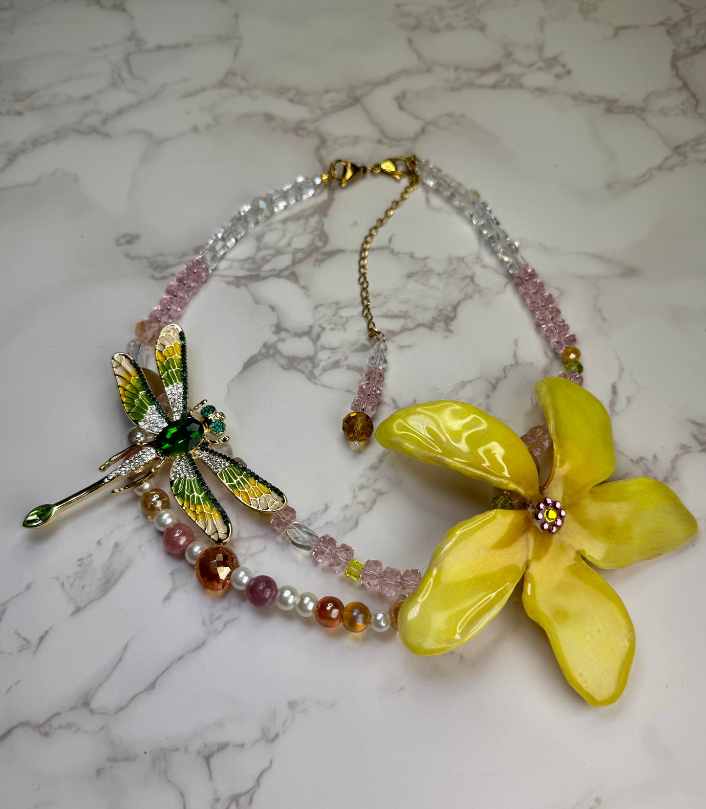 Thalía Golden Dragonfly Yellow Plumeria with Dragonfly – Clear Crystal Necklace | Handmade Floral Jewelry