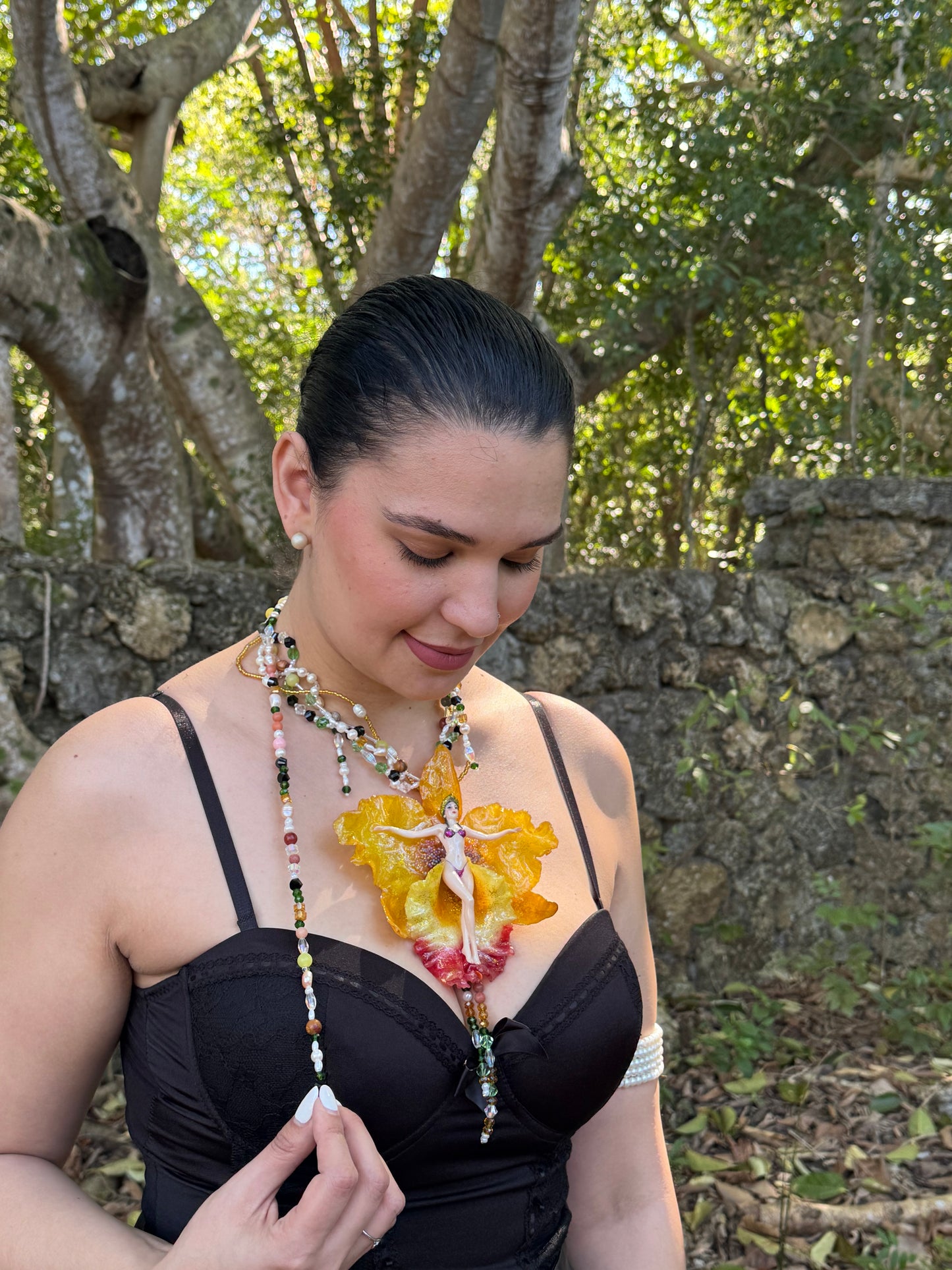 Helia – LIMITED EDITION – NYFW EXHIBITION PIECE Handmade Real Yellow Orchid Art Necklace with Hand-Carved Female Figure, Freshwater Pearls and Multitone Crystal Details