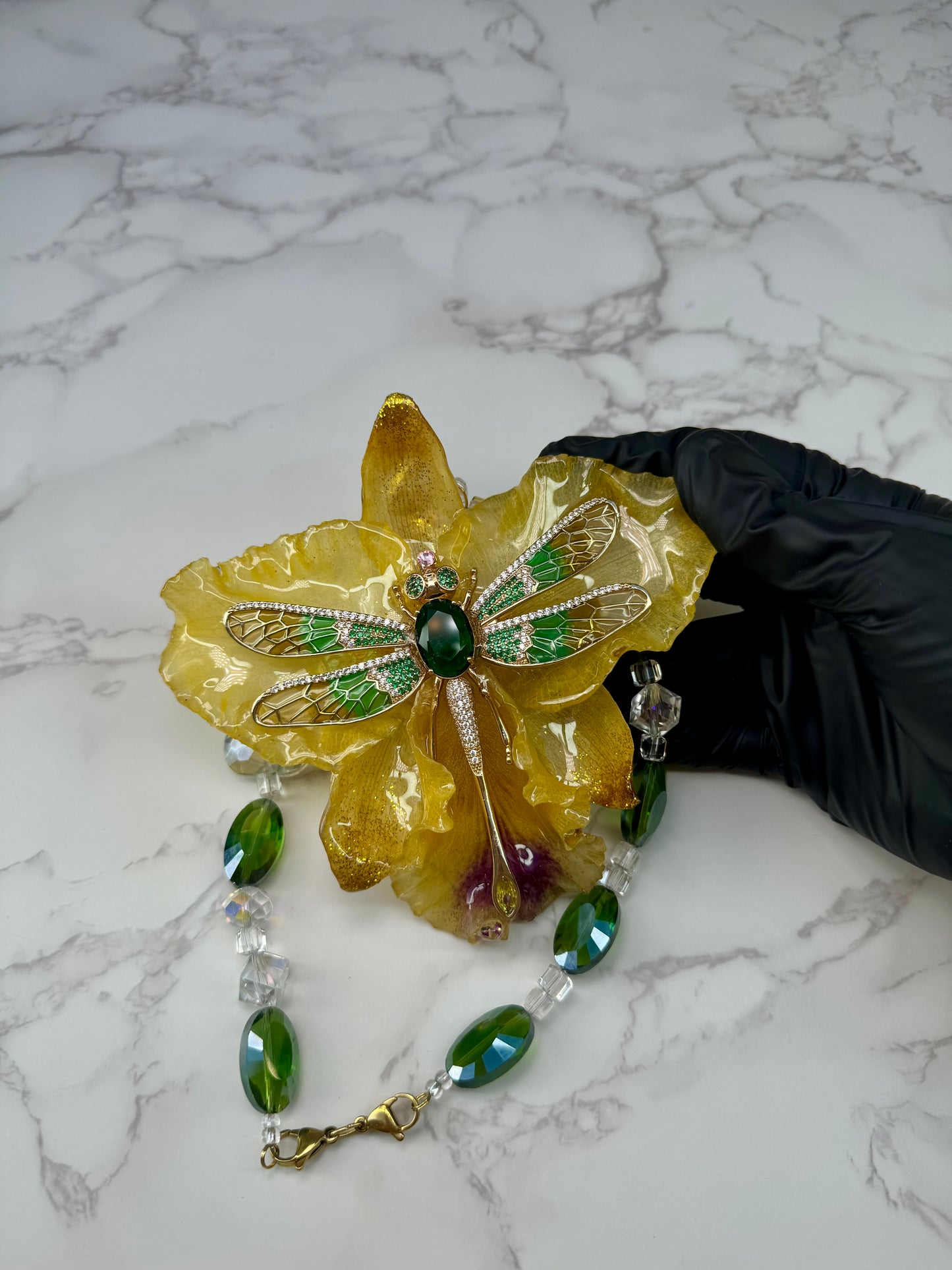 Golden Dragonfly Cataleya Yellow Cattleya Orchid with Dragonfly – Green & Clear Crystal Necklace | Handmade Floral Jewelry