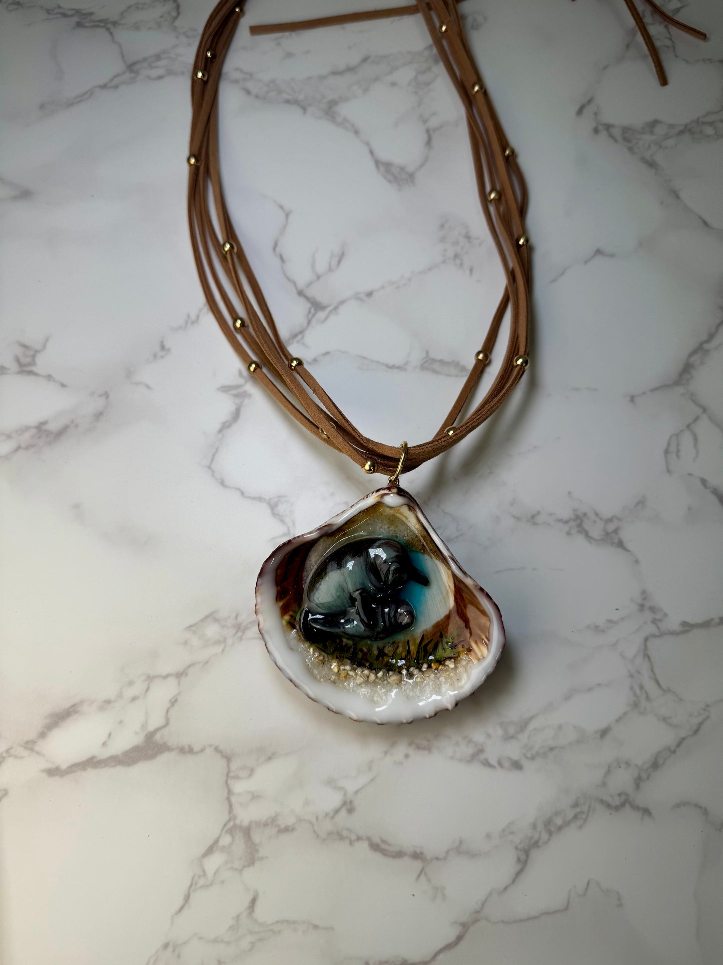 Green Handmade Manatee Couple Necklace Encapsulated in Real Shell with UV Resin on Stones Strand