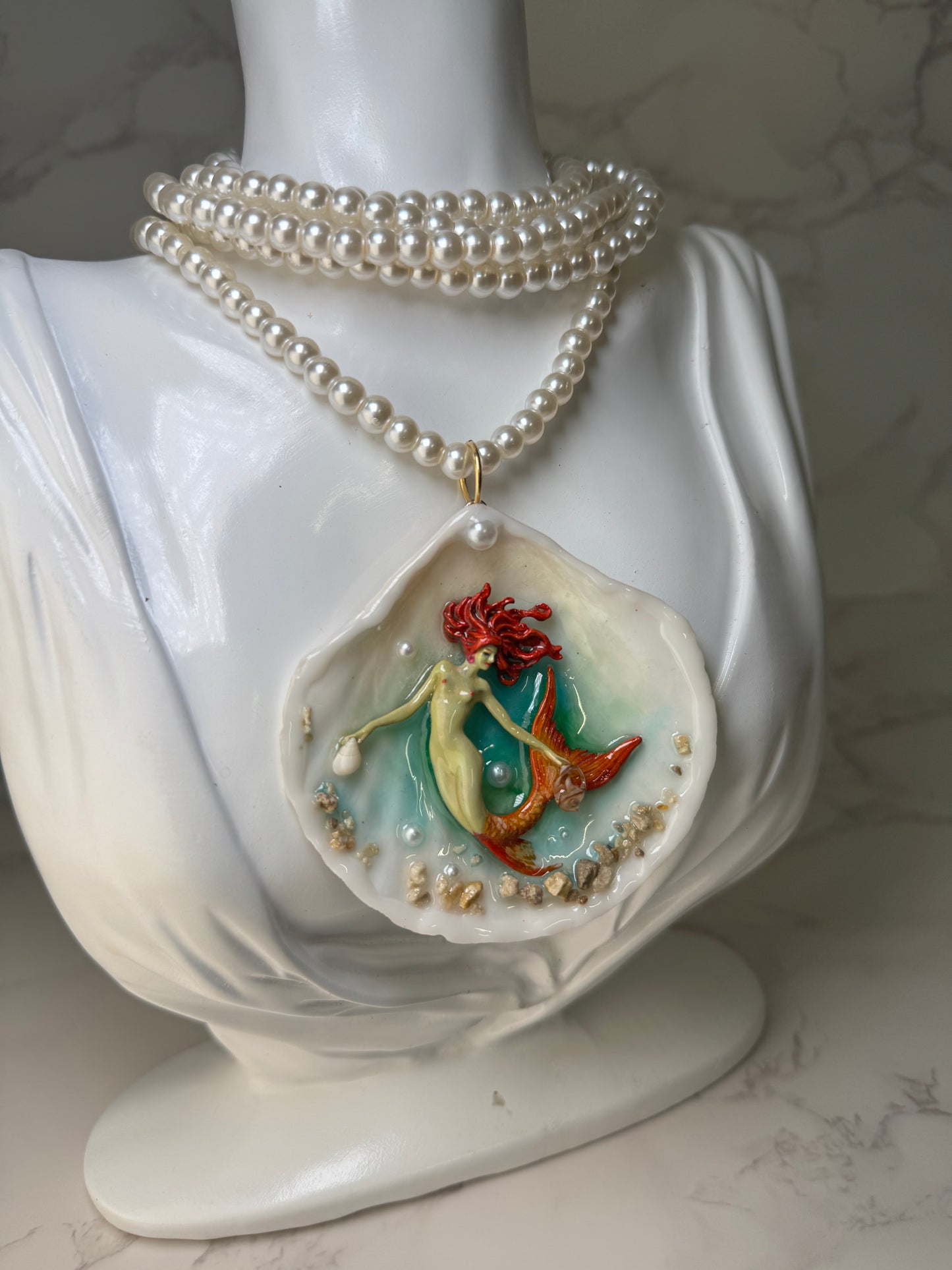 Summer Orange Mermaid Sea Shell Necklace – Mermaid in Shell with UV Resin