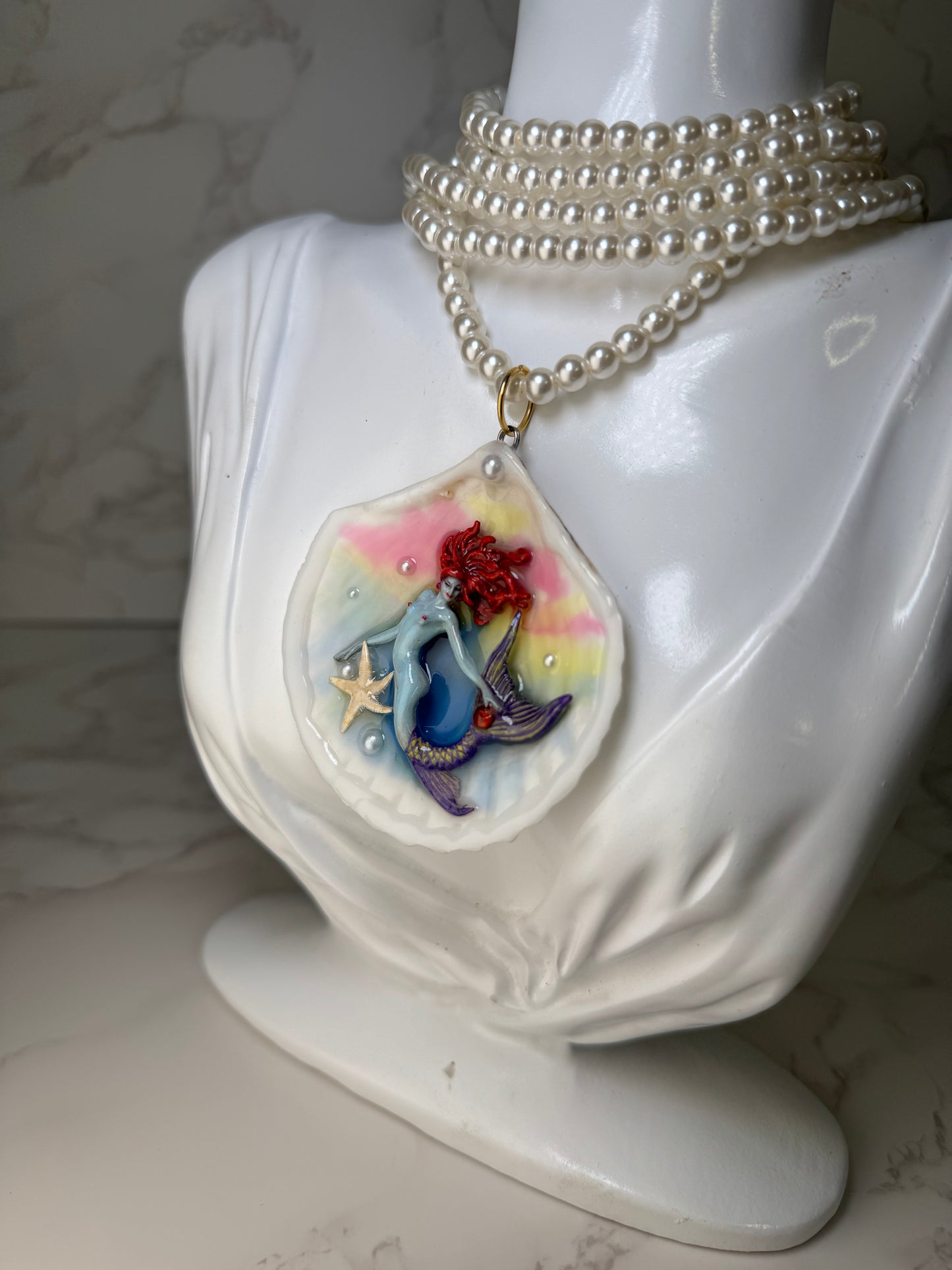 June Red Hair Sea Star Mermaid Sea Shell Necklace – Mermaid in Shell with UV Resin