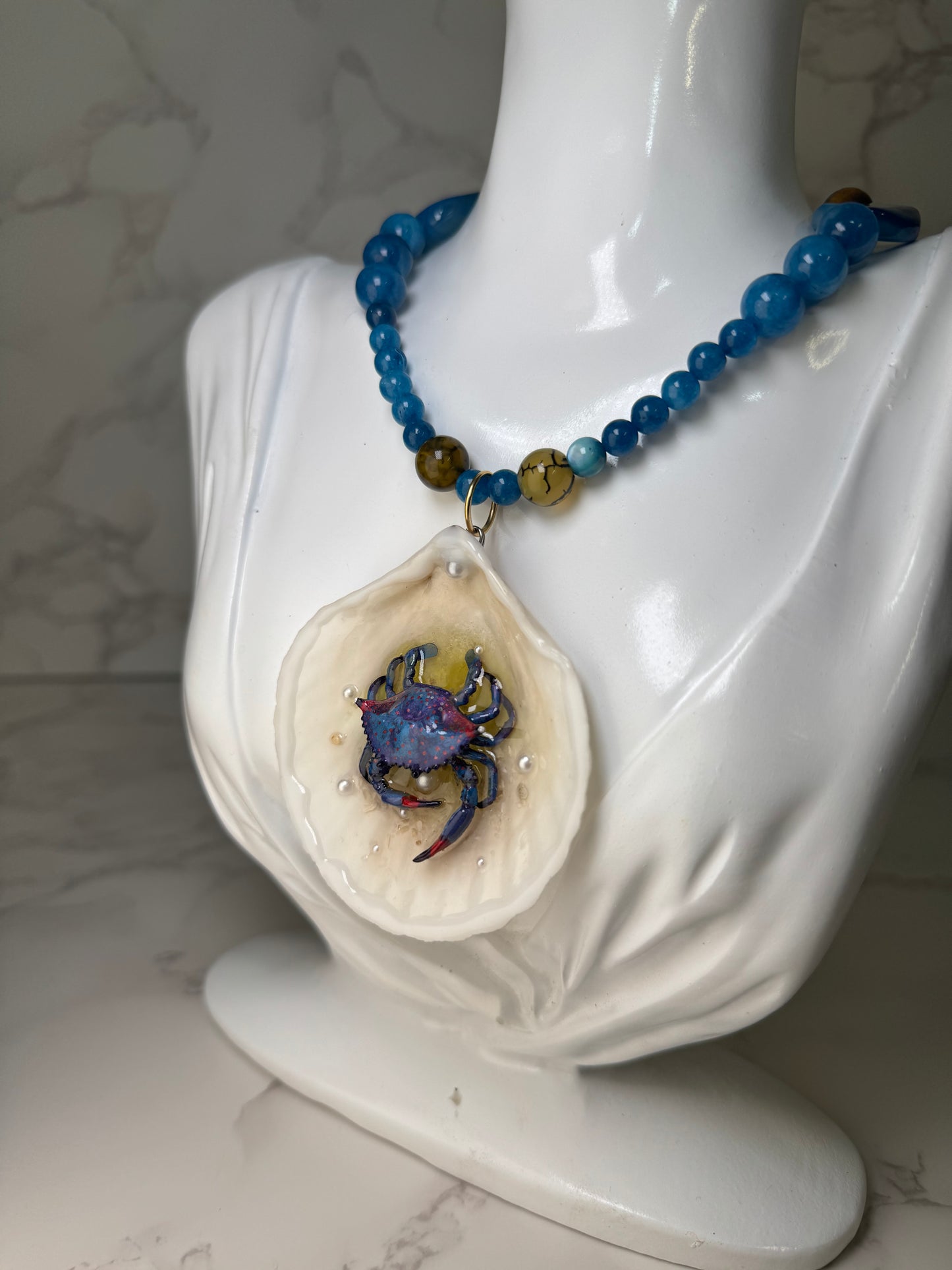 Blue Crab with Red Accents Shell Necklace - Encapsulated in Real Shell with UV Resin